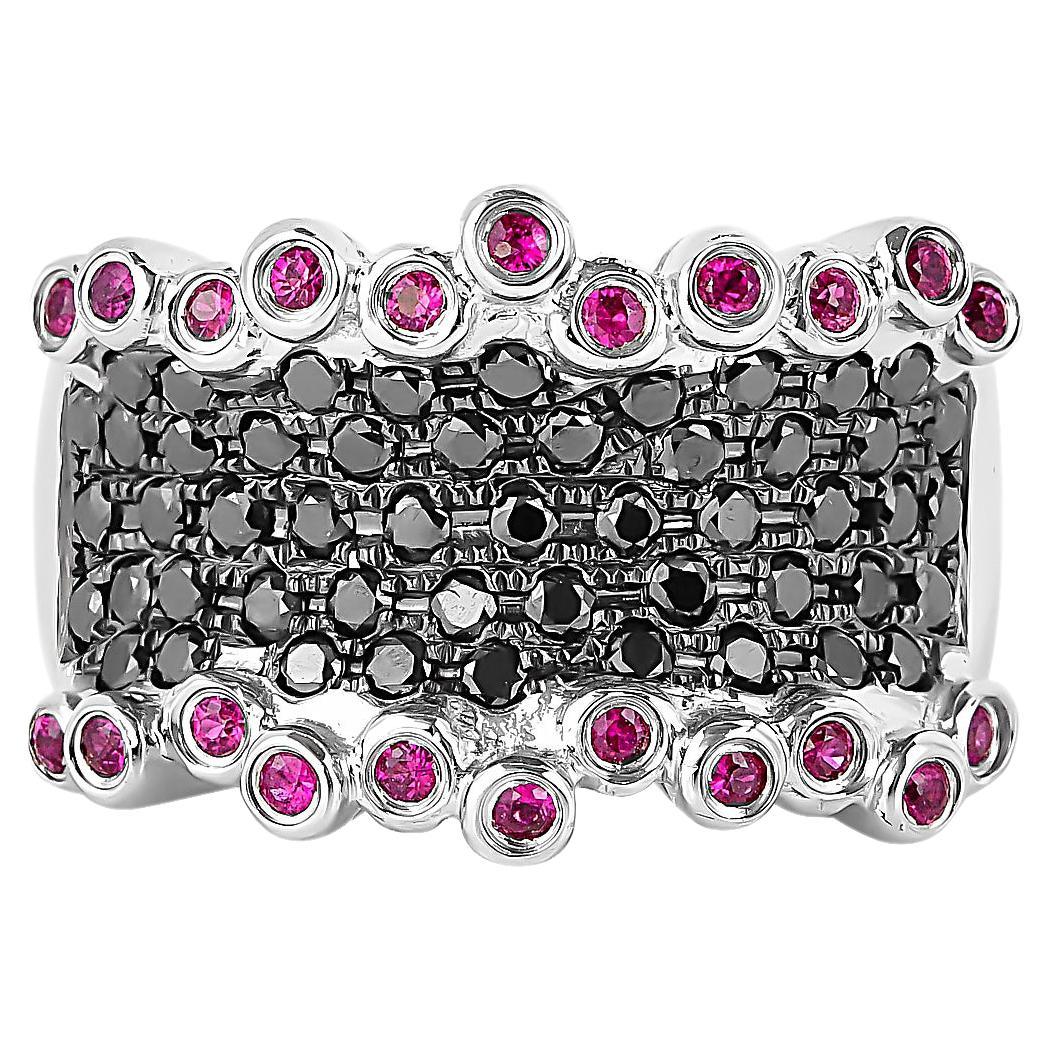 Ruby with Black Diamond Cocktail Ring in 14 Karat White Gold For Sale