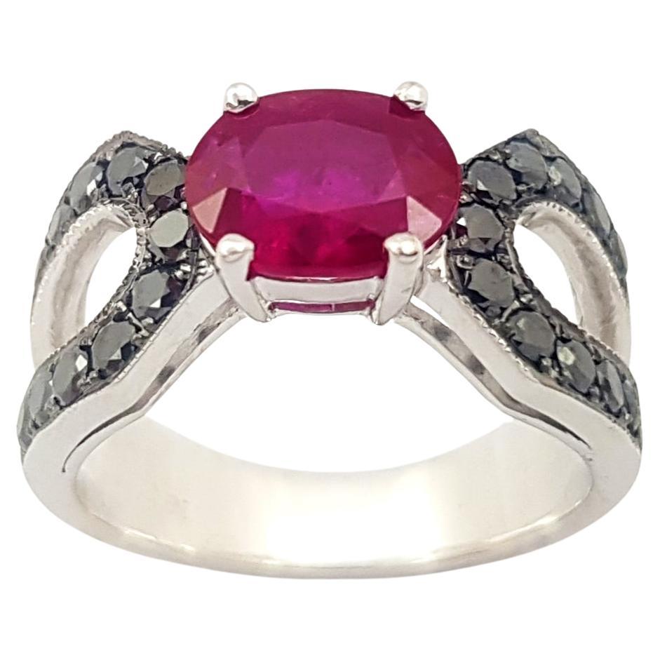 Ruby with Black Diamond Ring set in 18K White Gold Settings For Sale