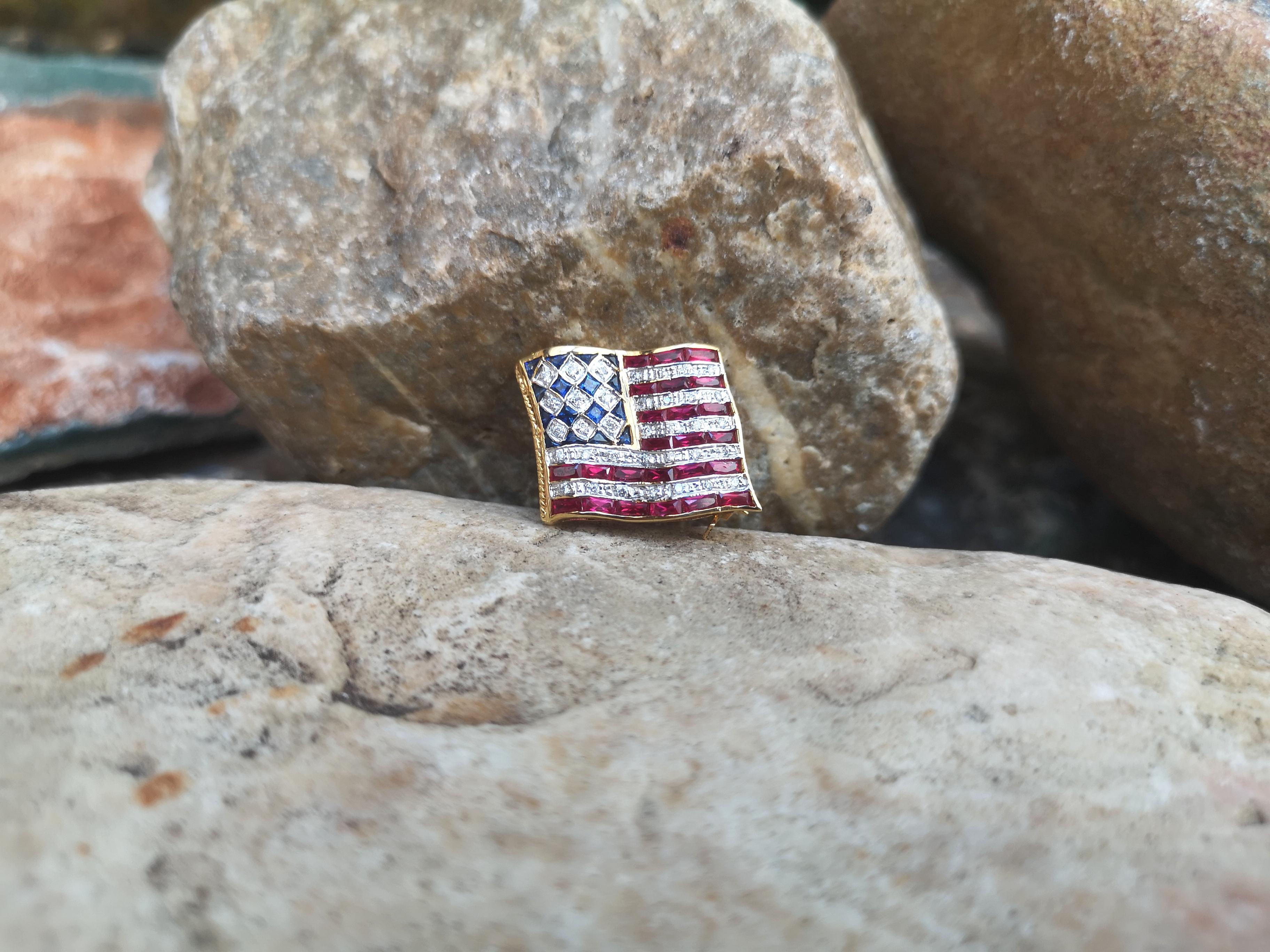 Mixed Cut Ruby with Blue Sapphire and Diamond American Flag Brooch in 18K Gold For Sale