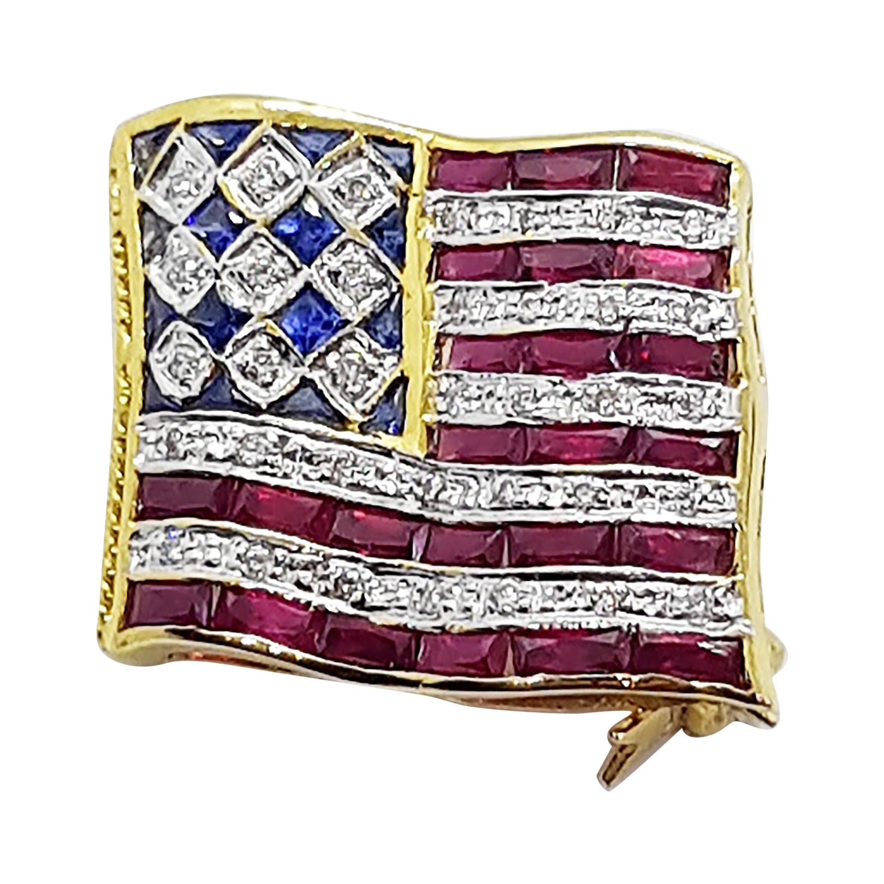 Broche drapeau américain en or 18 carats avec rubis, saphir bleu et diamants