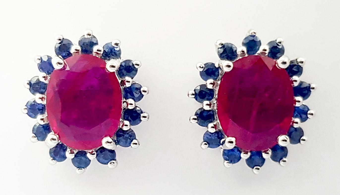 Contemporary Ruby with Blue Sapphire Earrings set in 14K White Gold Settings For Sale