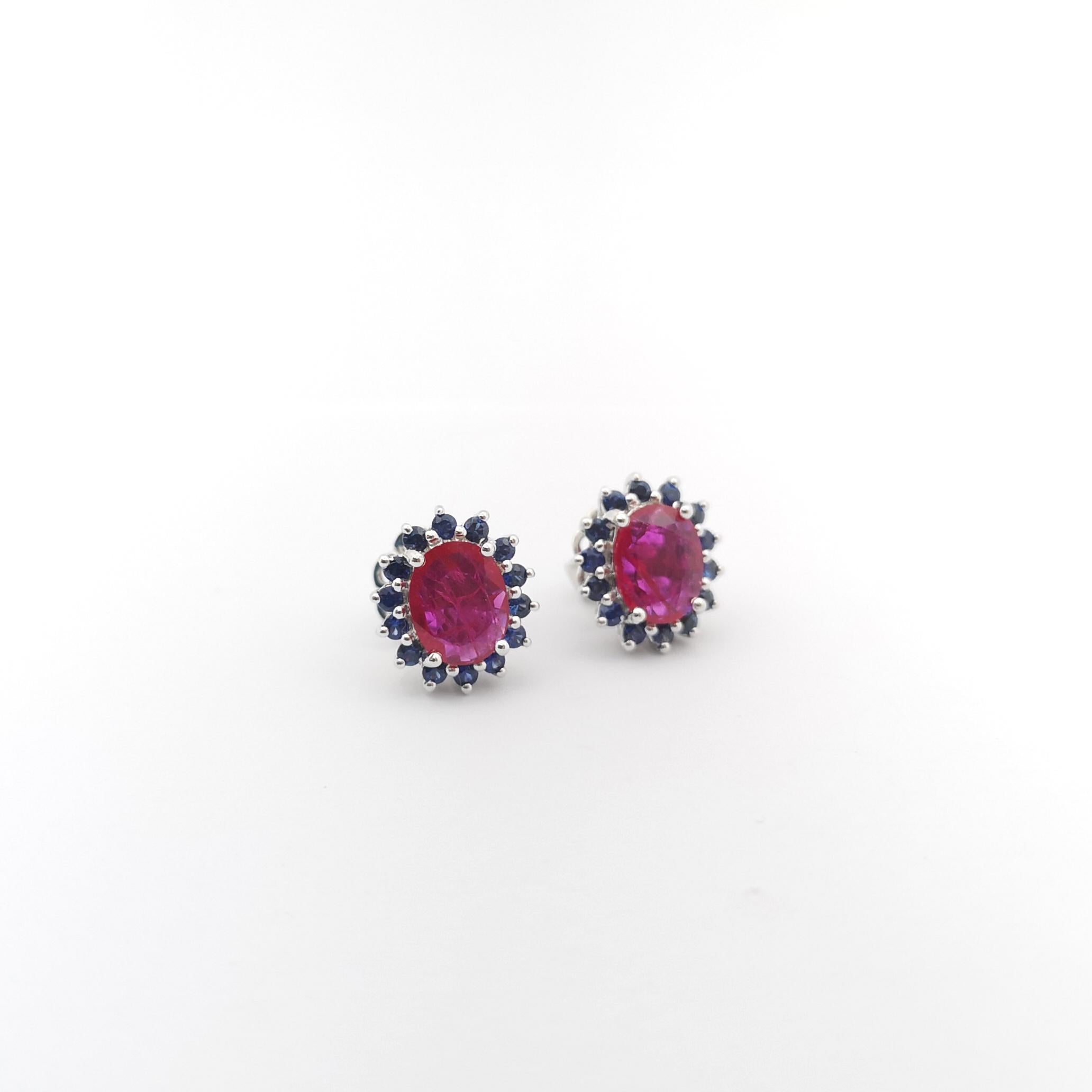 Ruby with Blue Sapphire Earrings set in 14K White Gold Settings For Sale 1