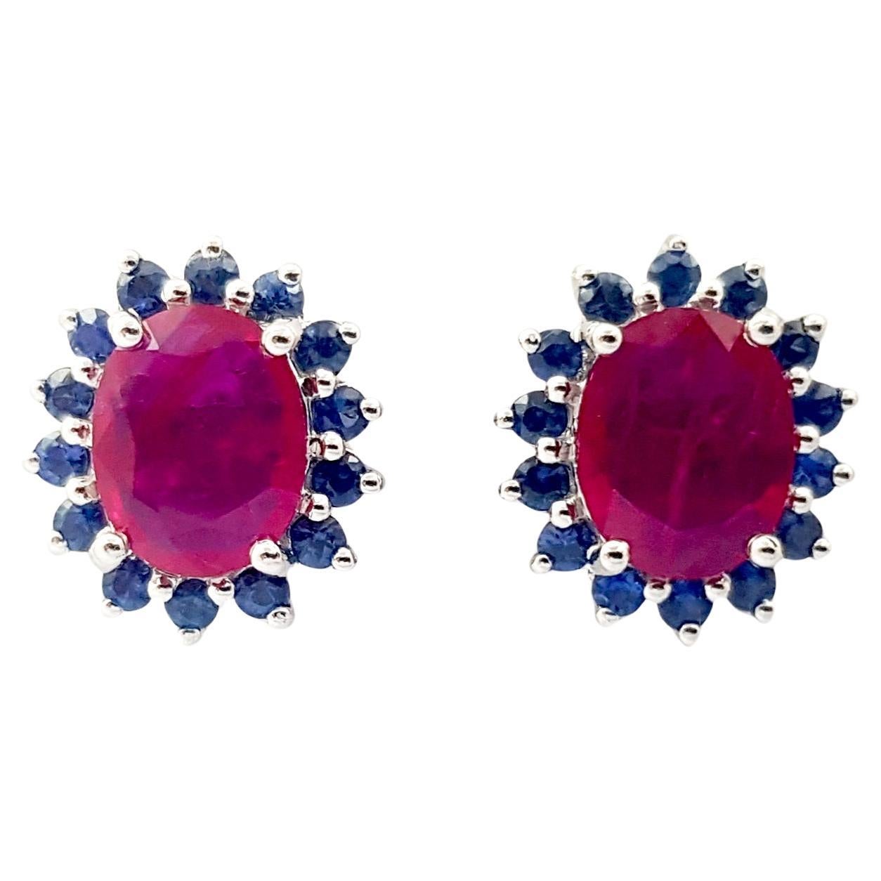 Ruby with Blue Sapphire Earrings set in 14K White Gold Settings For Sale