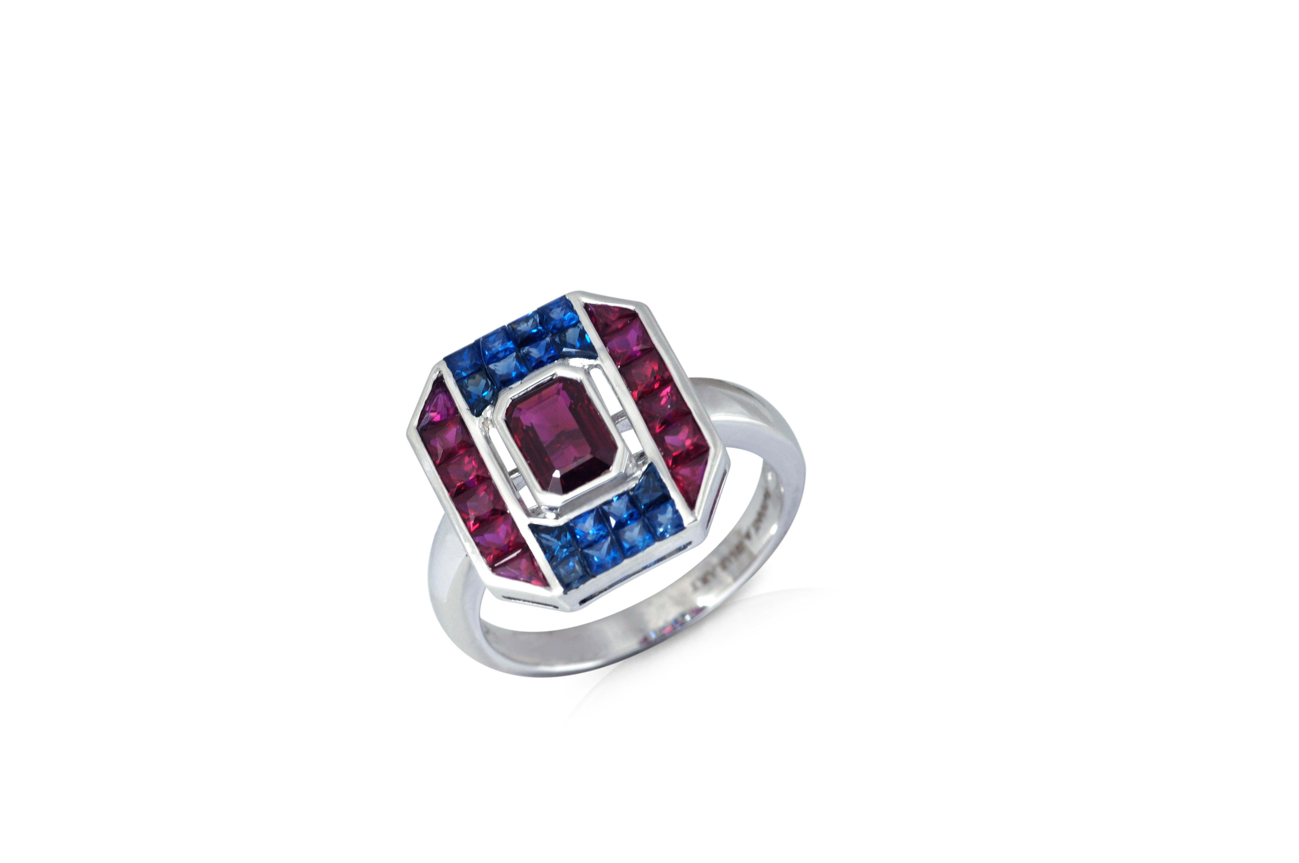 Ruby 1.48 carats with Blue Sapphire 0.66 carat and Ruby 0.73 carat Ring set in 18 Karat White Gold Settings

Width:  1.4 cm 
Length:  1.5 cm
Ring Size: 53
Total Weight: 5.91 grams

