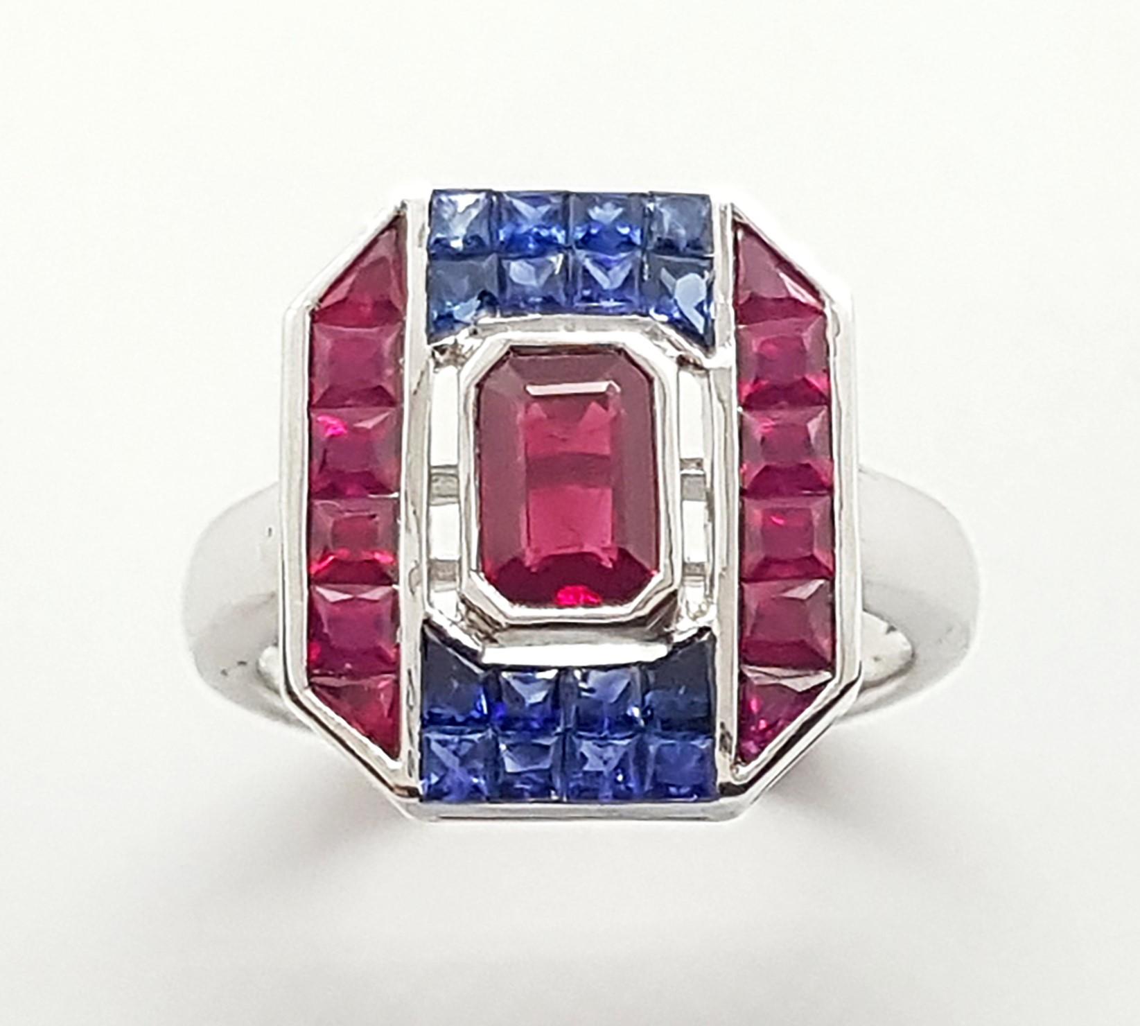 Ruby 1.48 carats with Blue Sapphire 0.66 carat and Ruby 0.73 carat Ring set in 18 Karat White Gold Settings

Width:  1.4 cm 
Length:  1.5 cm
Ring Size: 53
Total Weight: 5.91 grams

Uncompromisingly modern and exuding, the collection draws