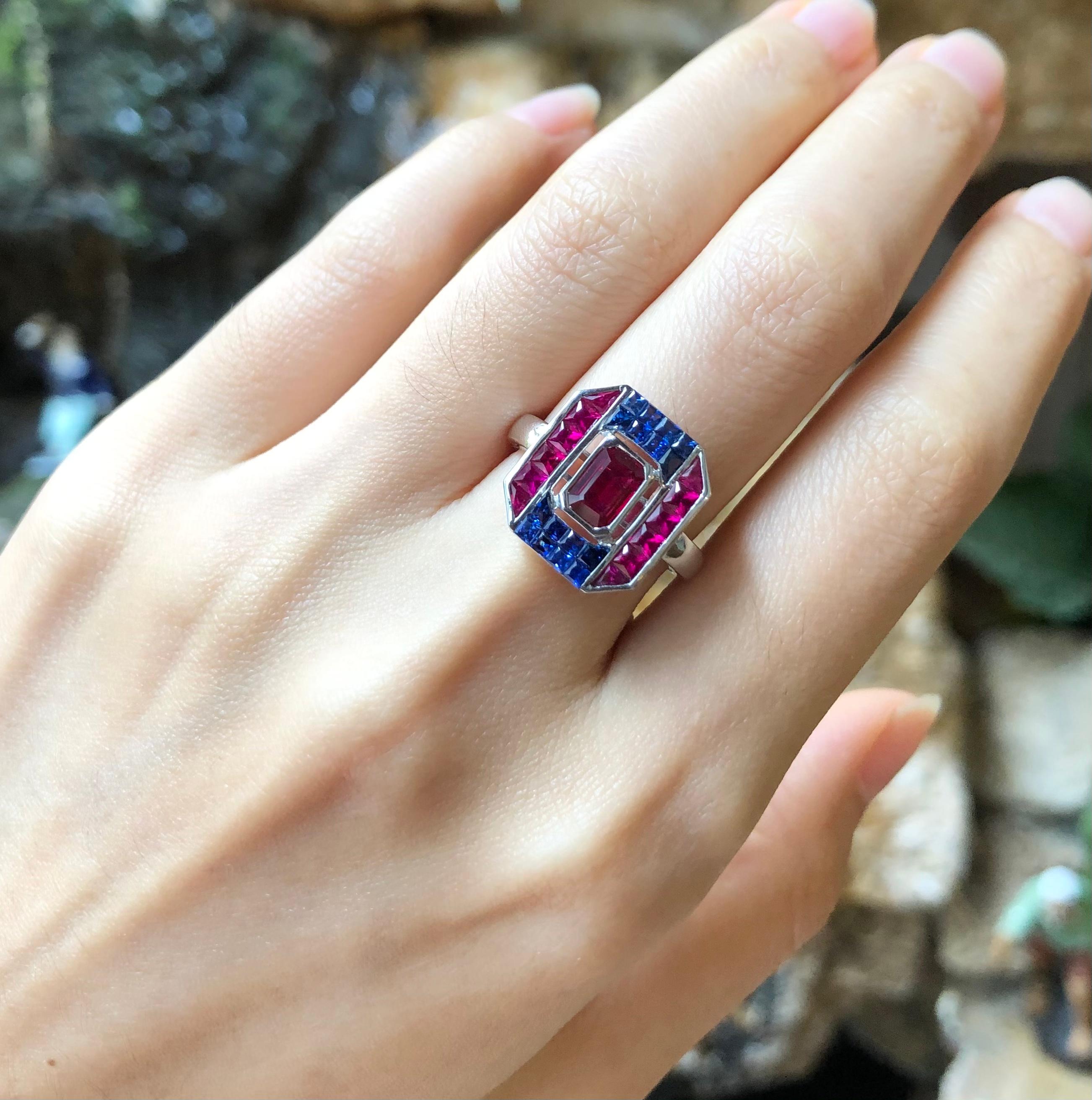 Mixed Cut Ruby with Blue Sapphire Ring in 18 Karat White Gold by Kavant & Sharart For Sale