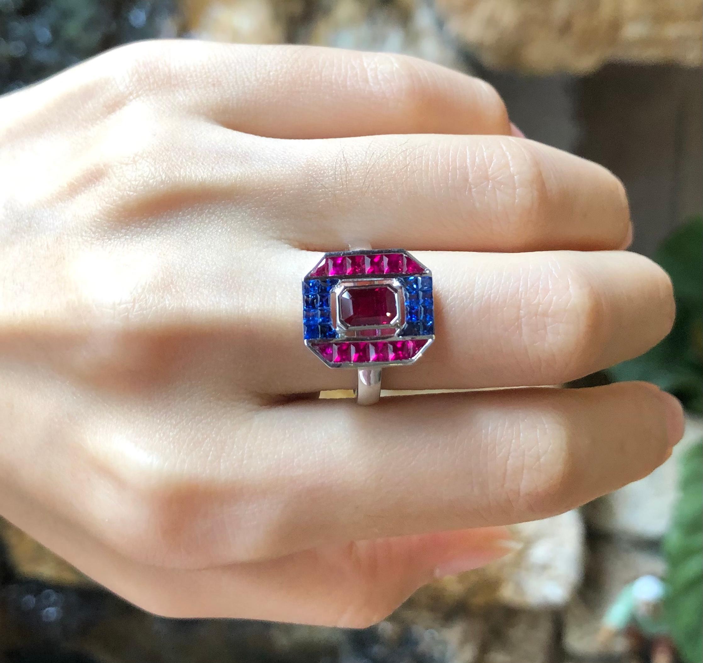 Mixed Cut Ruby with Blue Sapphire Ring in 18 Karat White Gold by Kavant & Sharart For Sale