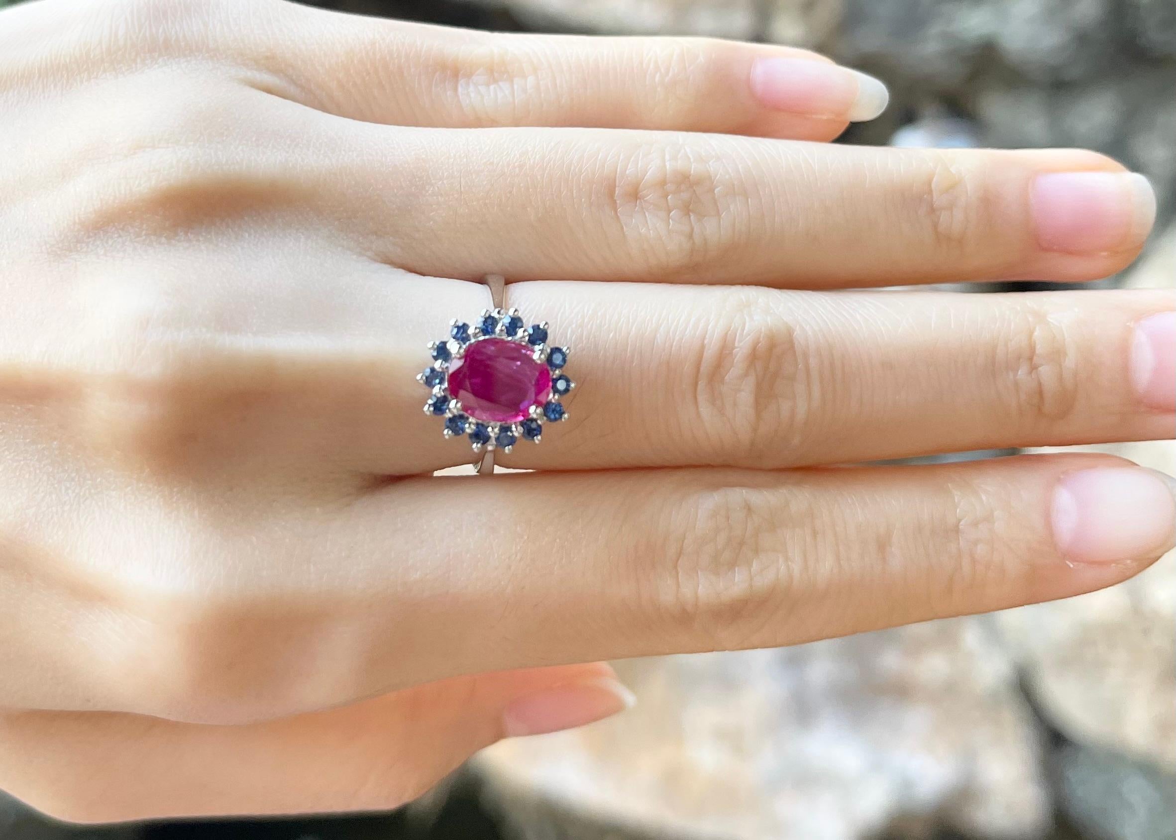 Contemporary Ruby with Blue Sapphire Ring set in 14K White Gold Settings For Sale