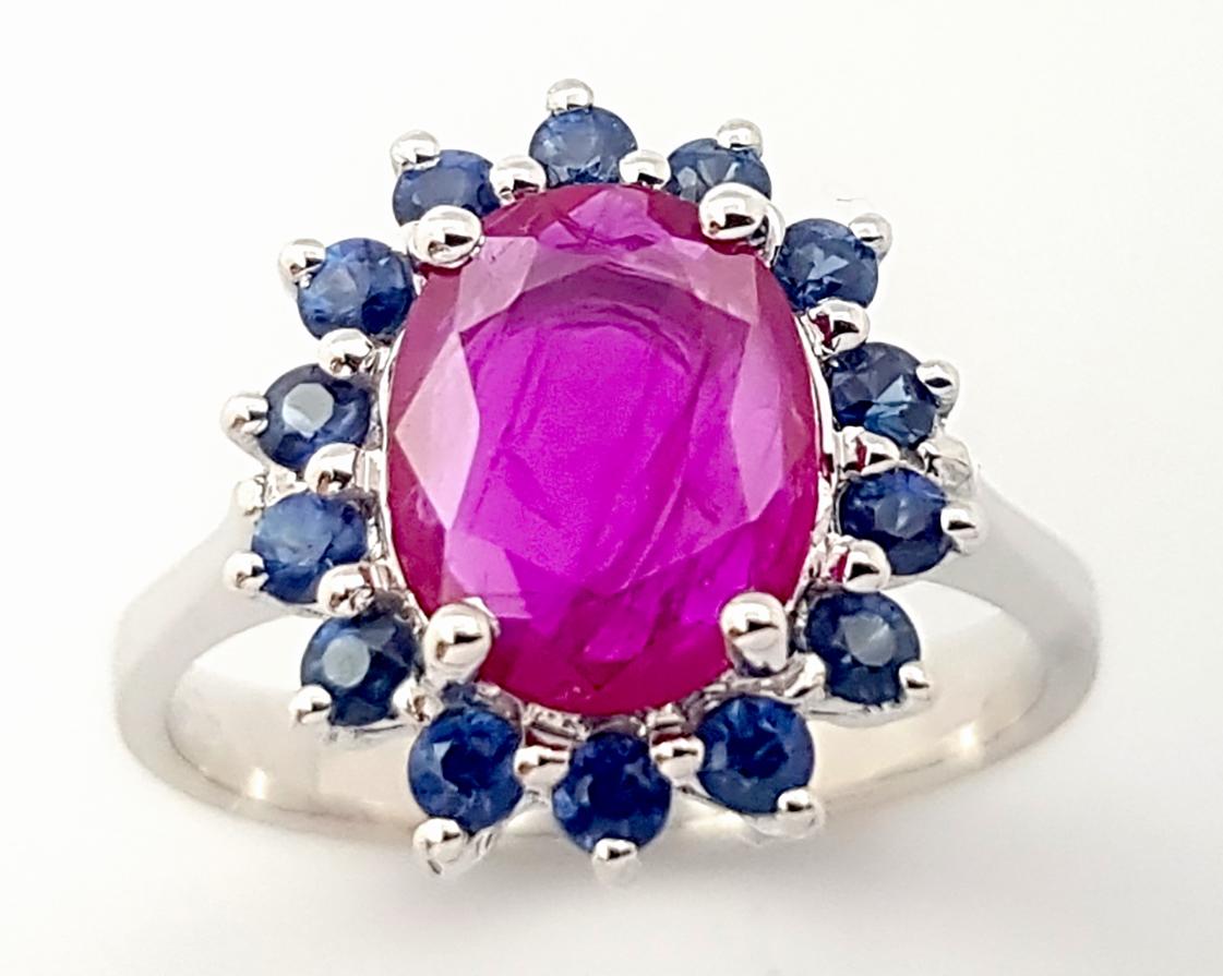 Ruby with Blue Sapphire Ring set in 14K White Gold Settings For Sale 2