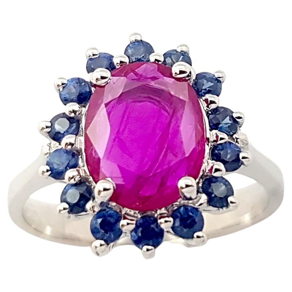 Ruby with Blue Sapphire Ring set in 14K White Gold Settings For Sale