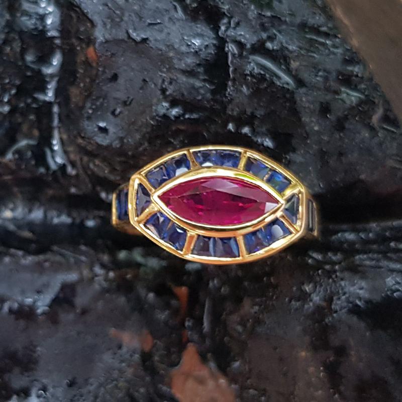 Marquise Cut Ruby with Blue Sapphire Ring Set in 18 Karat Gold Settings