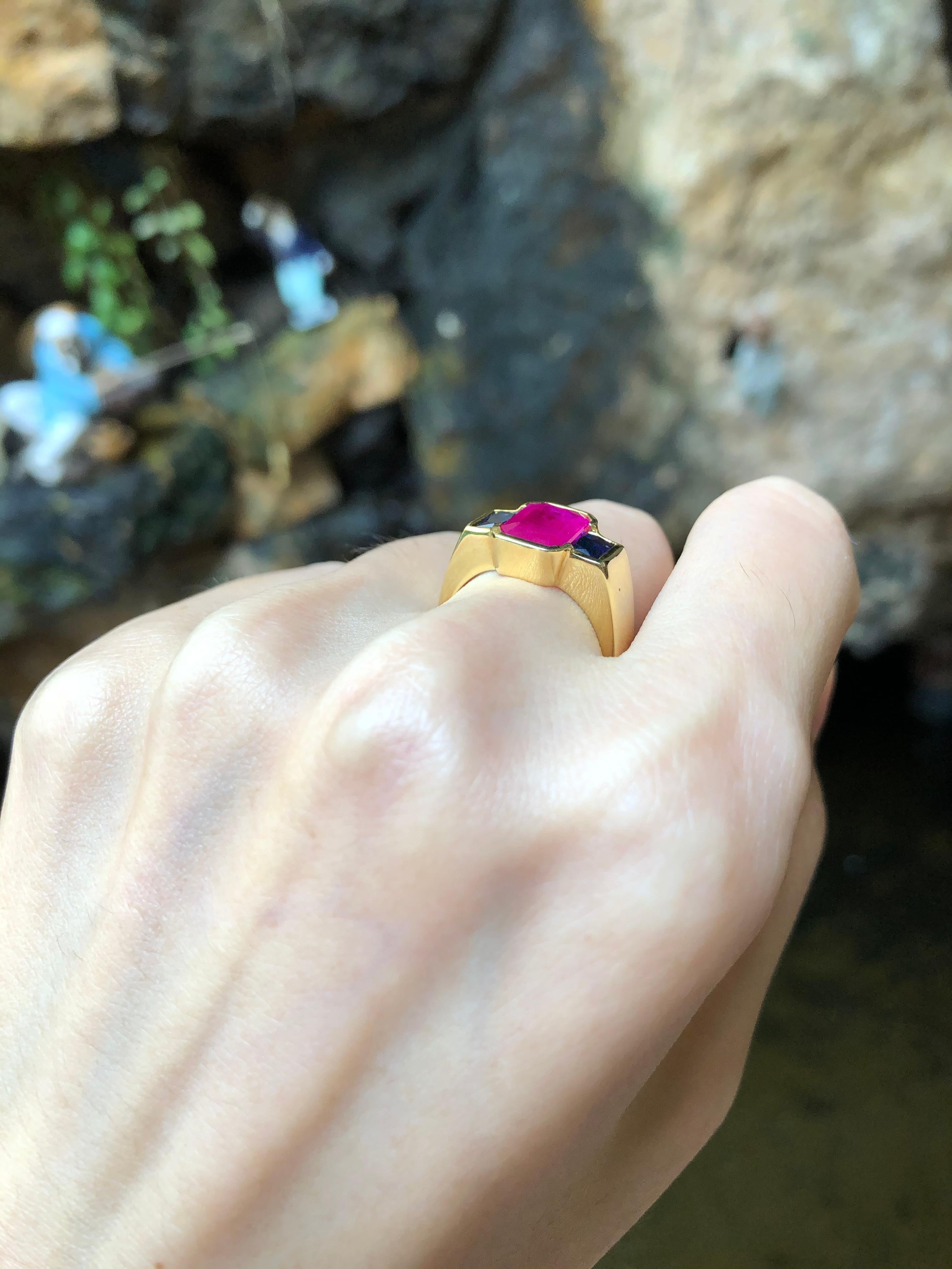 Emerald Cut Ruby with Blue Sapphire  Ring set in 18 Karat Gold Settings For Sale