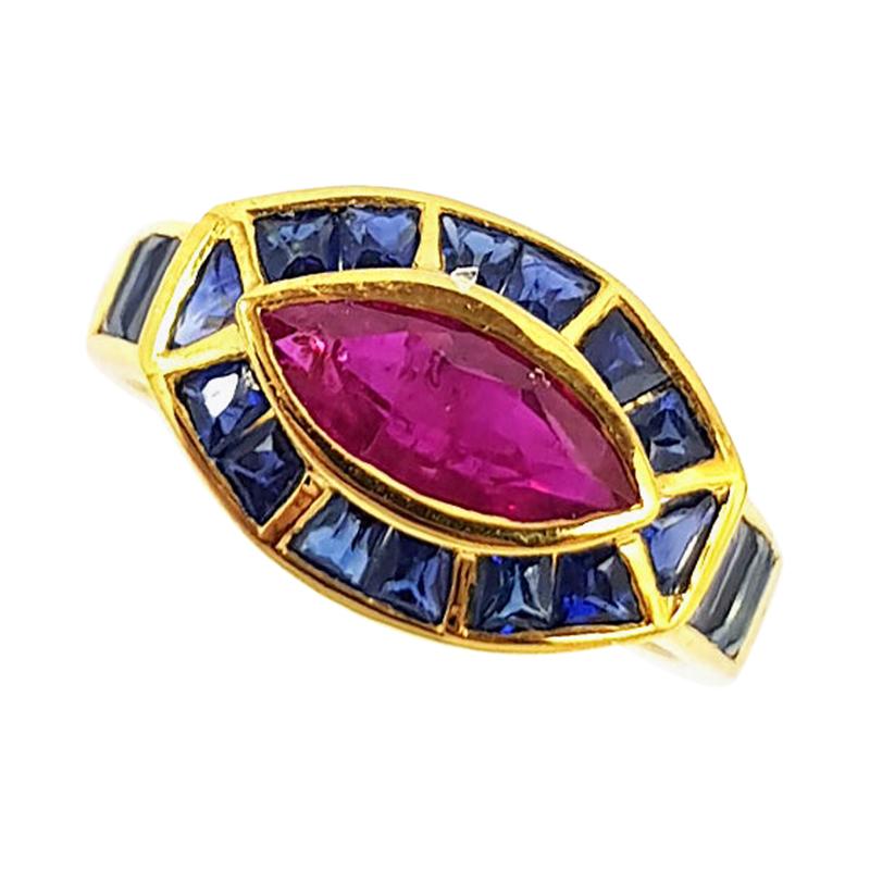 Ruby with Blue Sapphire Ring Set in 18 Karat Gold Settings