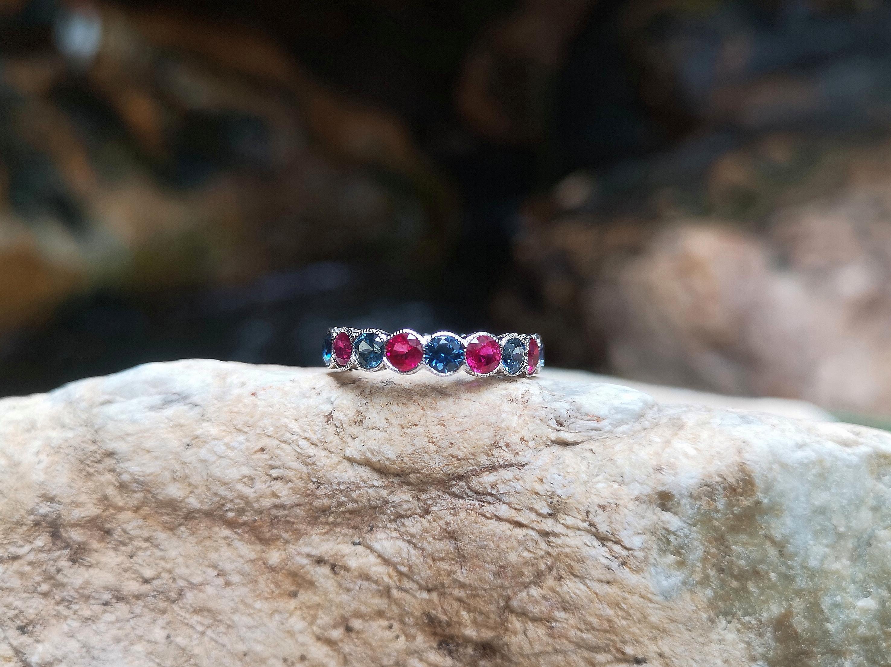 Ruby with Blue Sapphire Ring Set in 18 Karat White Gold Settings In New Condition For Sale In Bangkok, TH