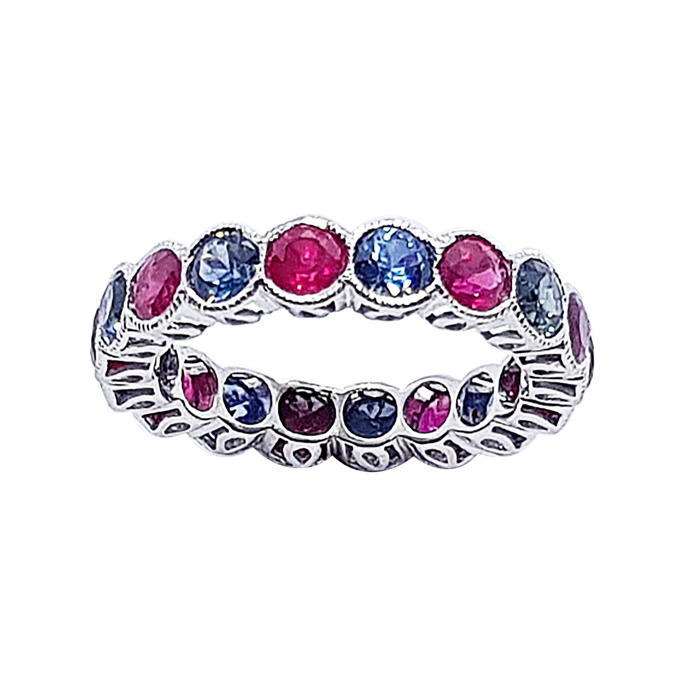 Ruby with Blue Sapphire Ring Set in 18 Karat White Gold Settings For Sale