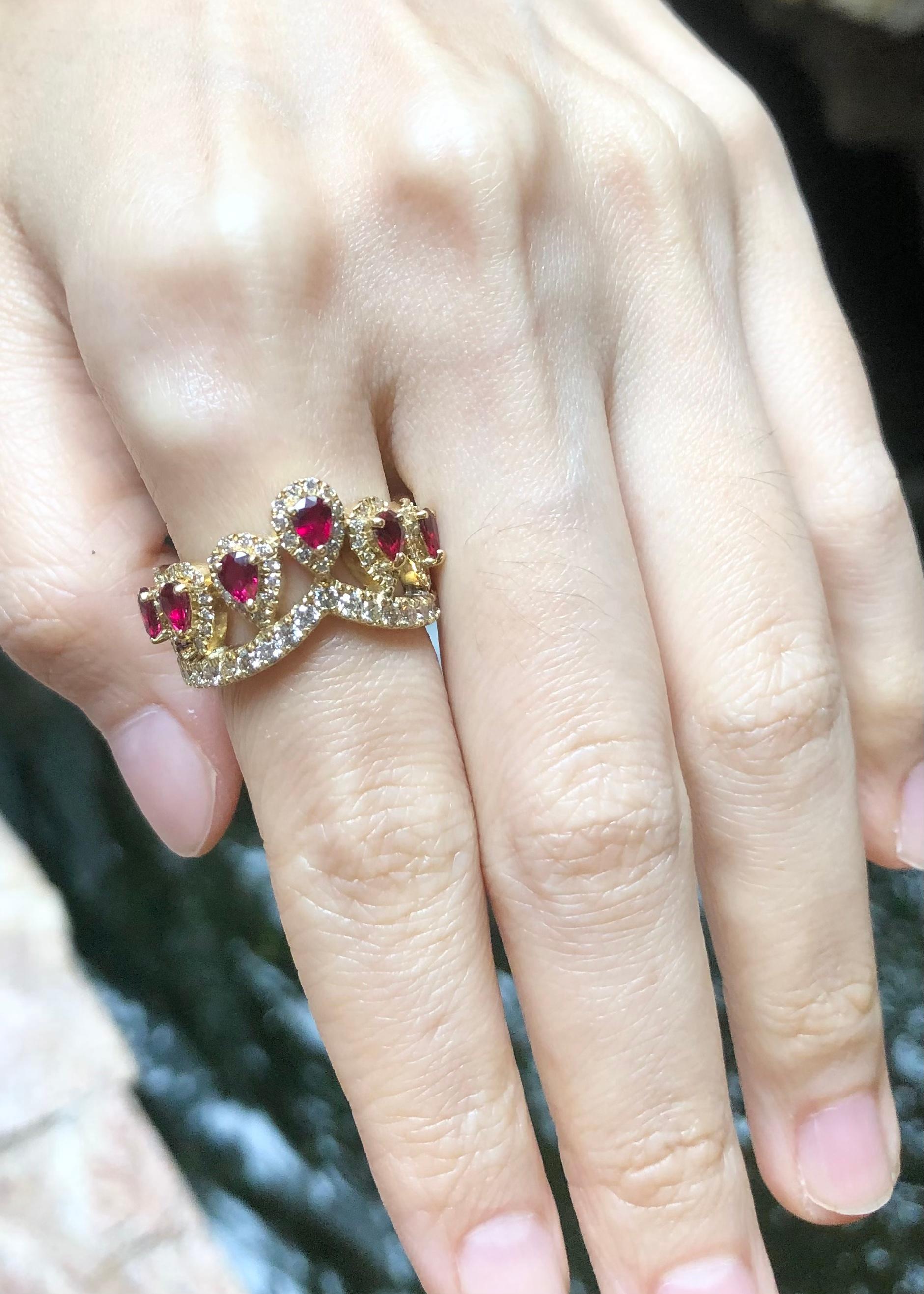 Pear Cut Ruby with Brown Diamond Crown Ring set in 18K Gold Settings For Sale