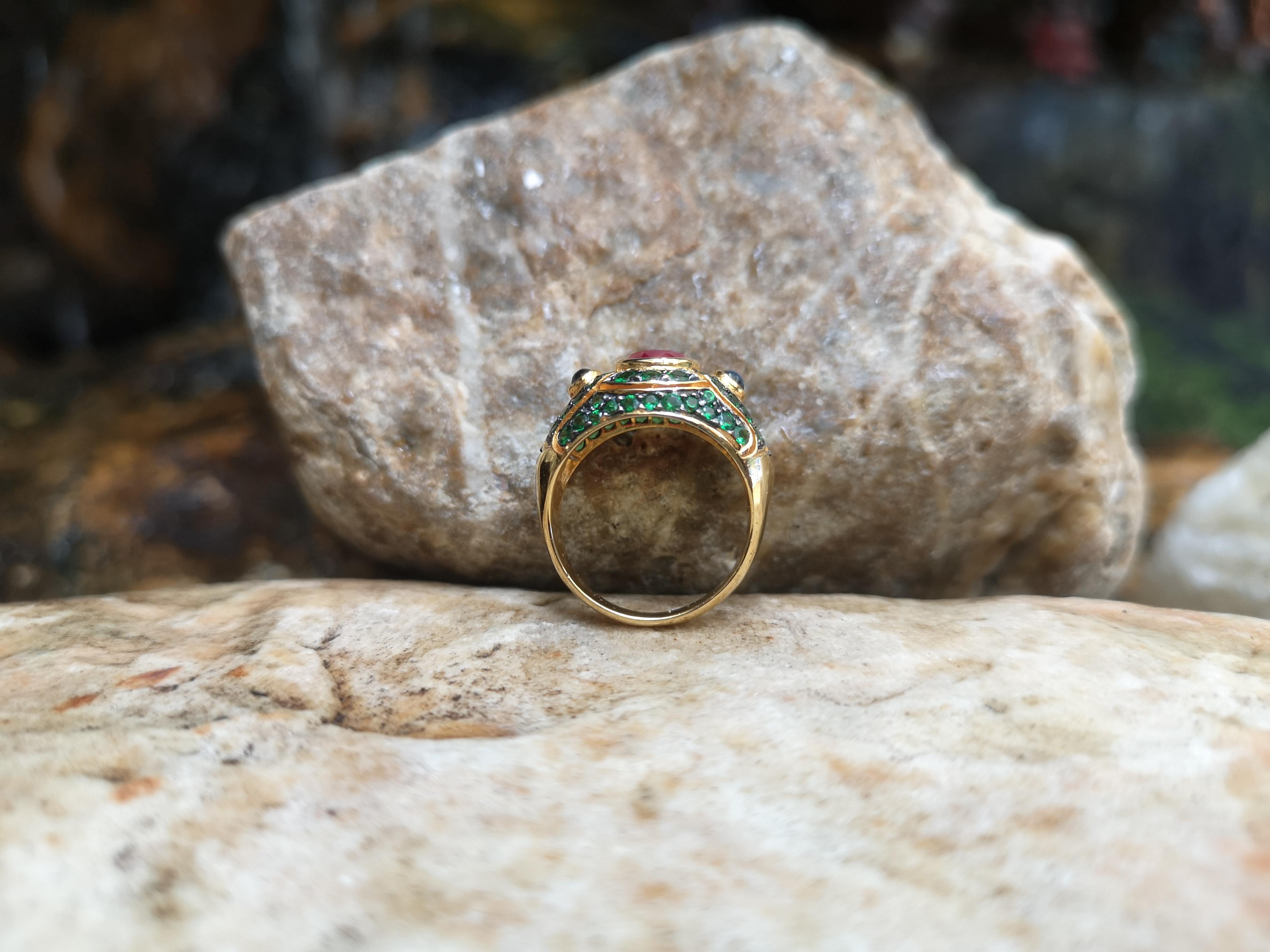 Mixed Cut Ruby with Cabochon Blue Sapphire and Tsavorite Ring Set in 18 Karat Gold Setting