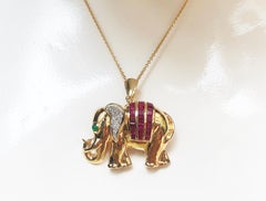 Ruby with Cabochon Emerald and Diamond Brooch/ Pendant Set in 18 Karat Gold
