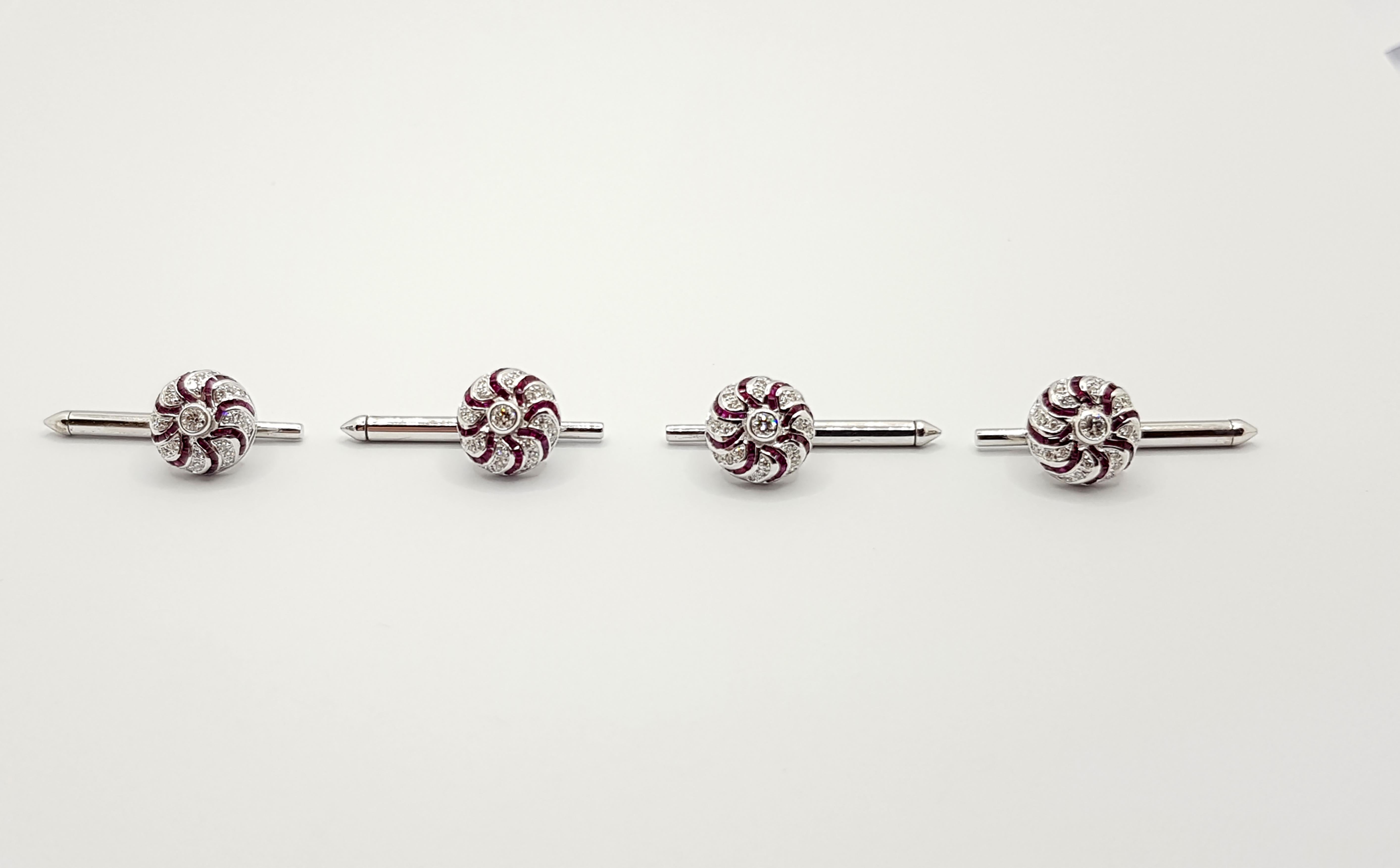 Ruby 4.01 carats with Diamond 0.46 carat Tuxedo Buttons set in 18 Karat White Gold Settings (set of 4)

Width:  1.0 cm 
Length: 1.0 cm
Total Weight: 11.28 grams

