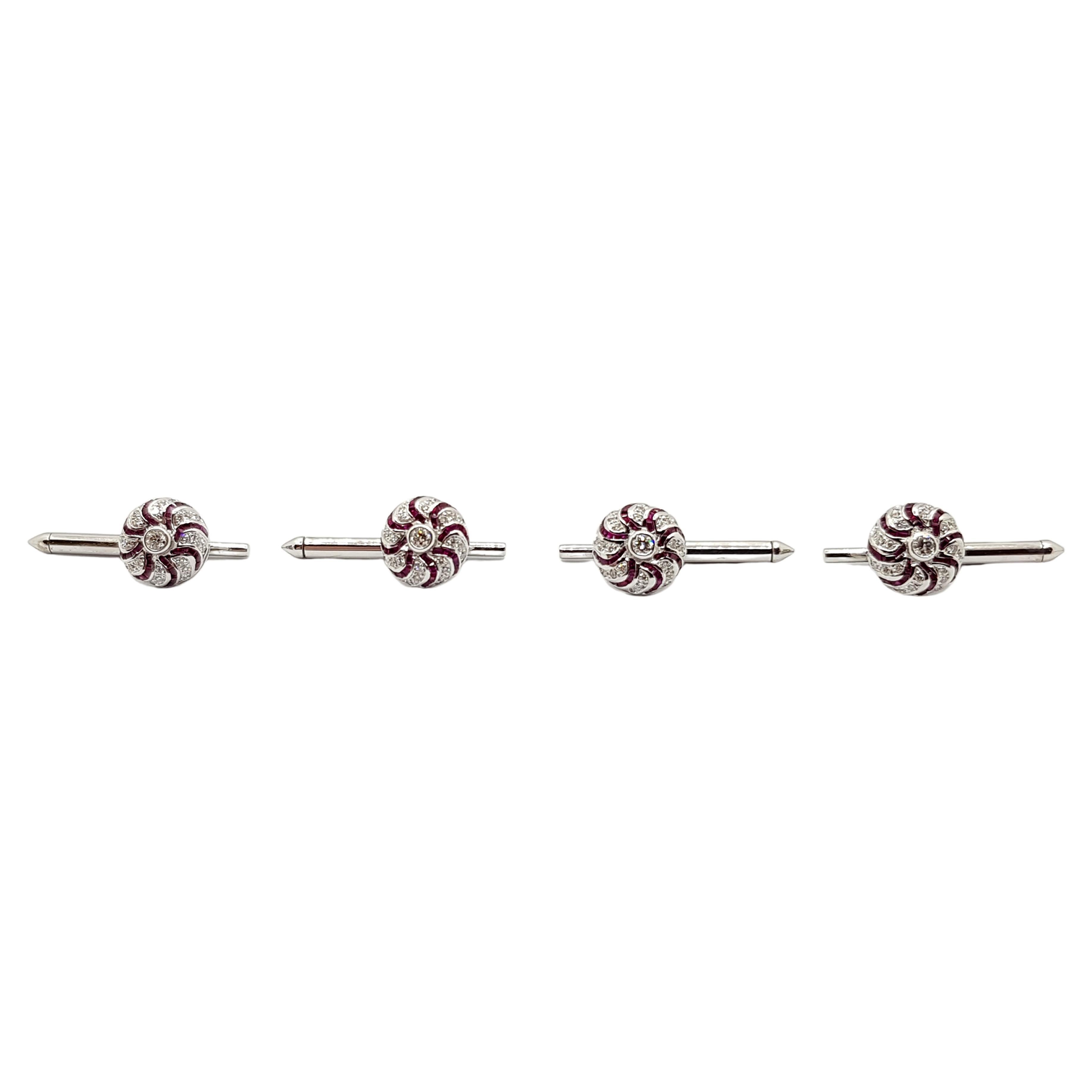 Ruby with Diamond 0.46 Carat Tuxedo Buttons Set in 18 Karat White Gold Settings For Sale