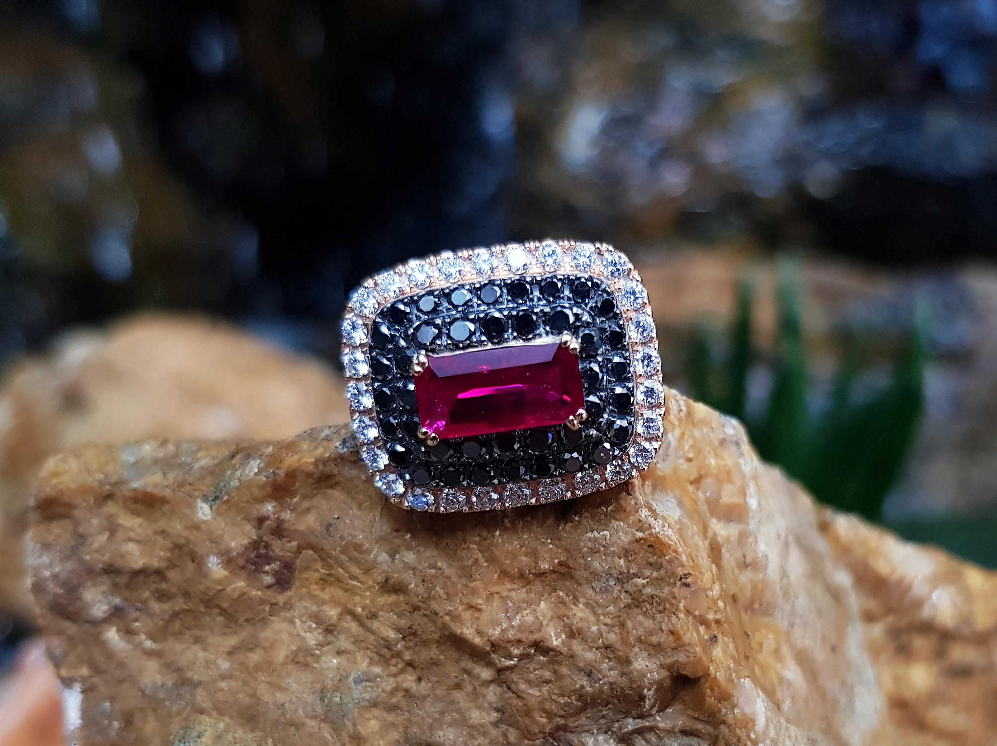 Emerald Cut Ruby with Diamond and Black Diamond Ring Set in 18 Karat Rose Gold Settings For Sale