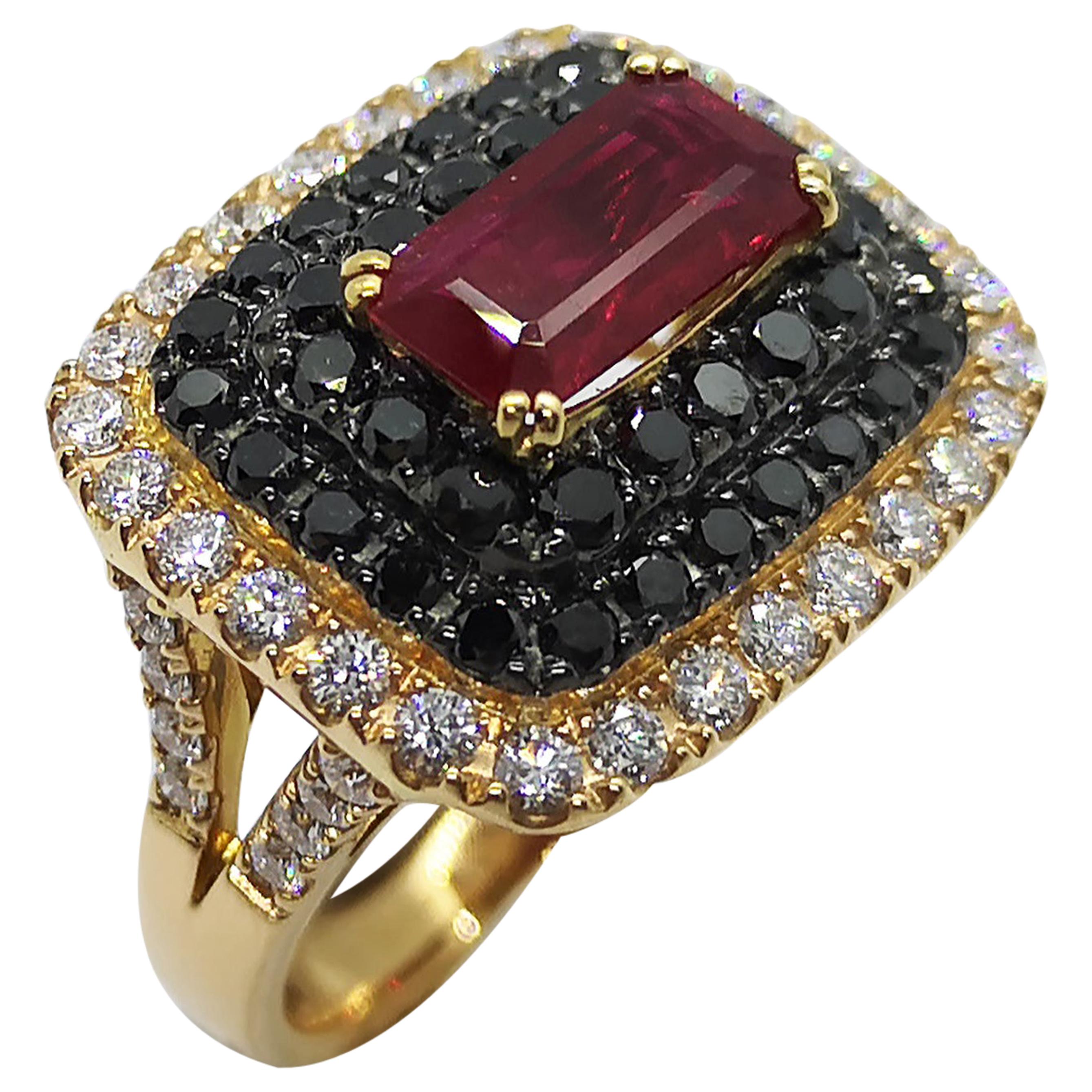 Ruby with Diamond and Black Diamond Ring Set in 18 Karat Rose Gold Settings For Sale