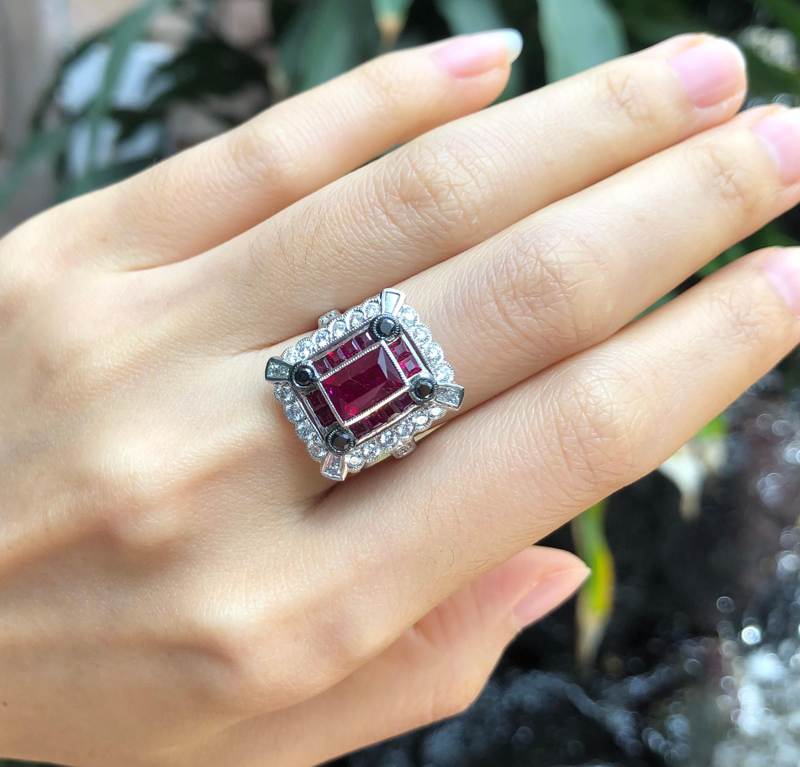 Art Deco Ruby with Diamond and Black Diamond Ring Set in 18 Karat White Gold Settings For Sale