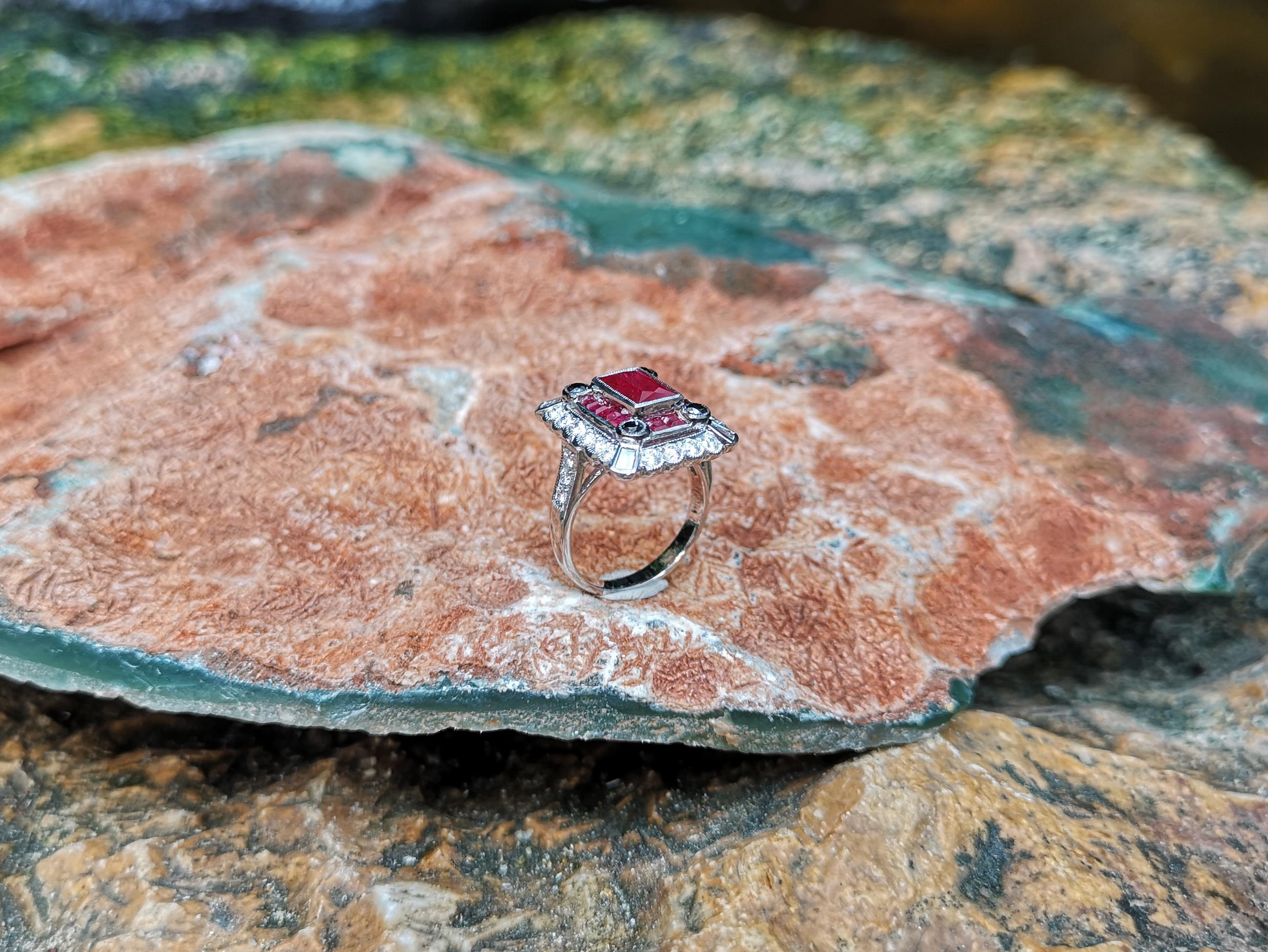 Men's Ruby with Diamond and Black Diamond Ring Set in 18 Karat White Gold Settings For Sale