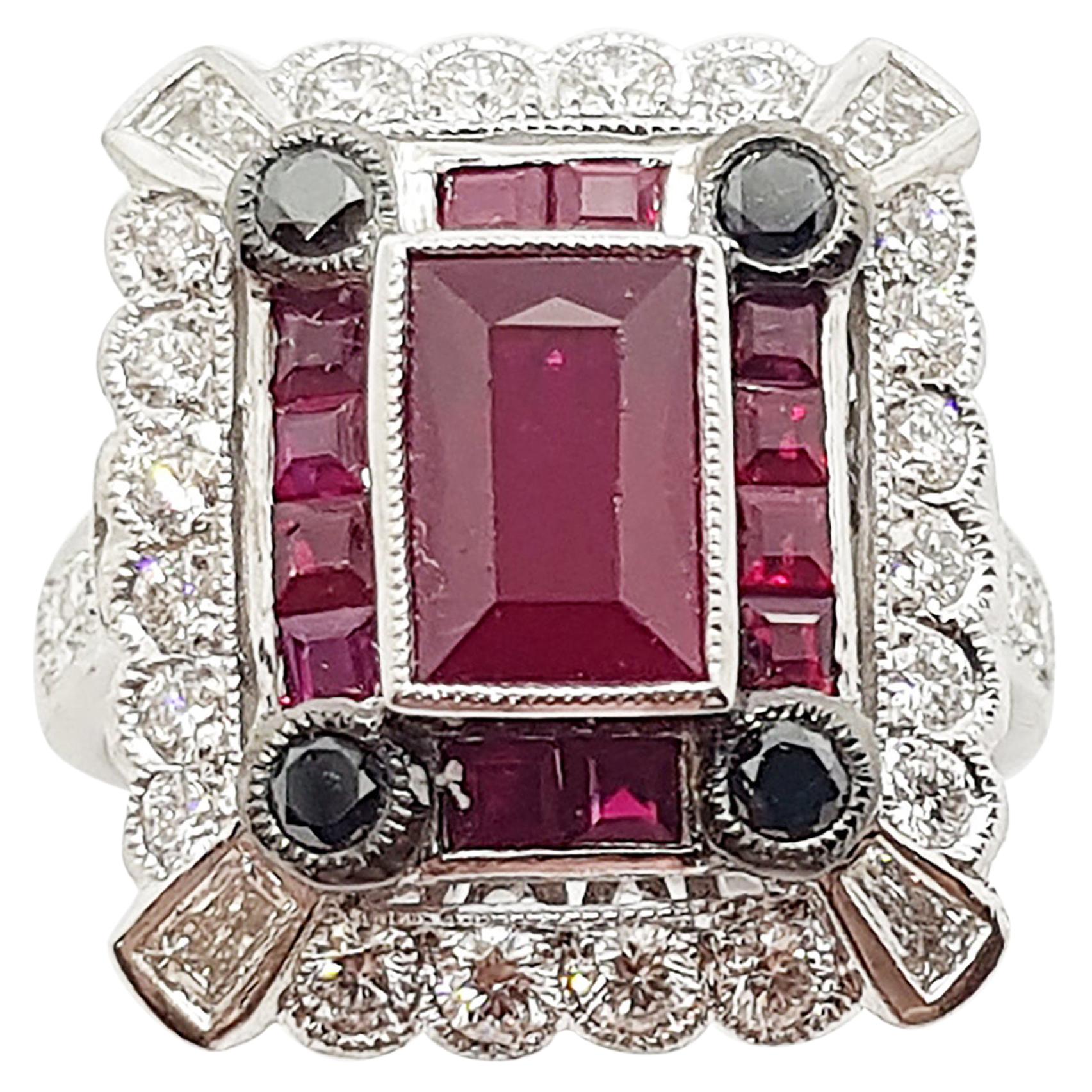 Ruby with Diamond and Black Diamond Ring Set in 18 Karat White Gold Settings For Sale