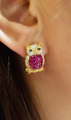 Ruby with Diamond and Cabochon Blue Sapphire Owl Earrings in 18 Karat Gold