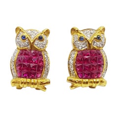 Ruby with Diamond and Cabochon Blue Sapphire Owl Earrings in 18 Karat Gold