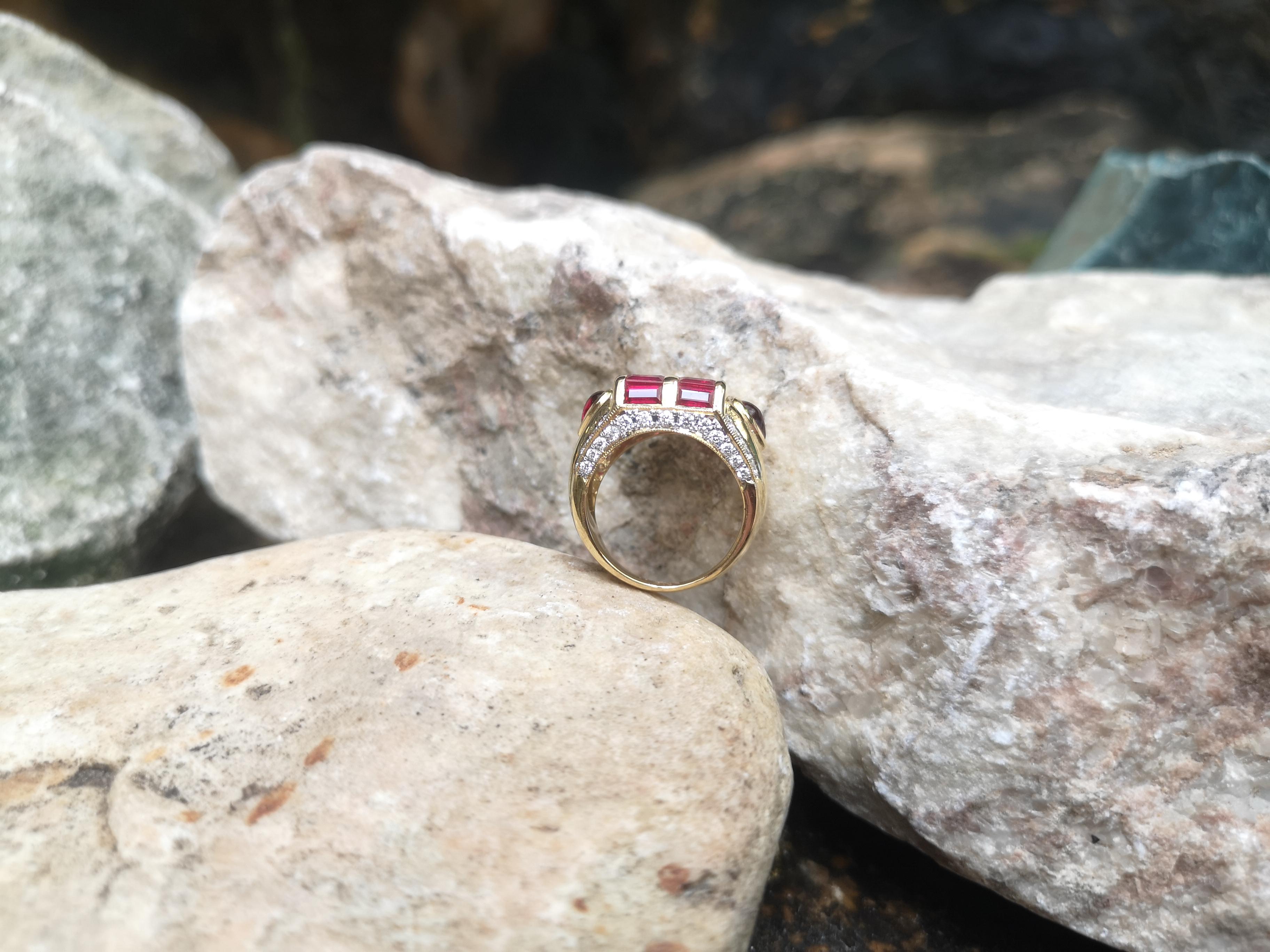 Women's or Men's Ruby with Diamond and Cabochon Ruby Ring Set in 18 Karat Gold Settings For Sale