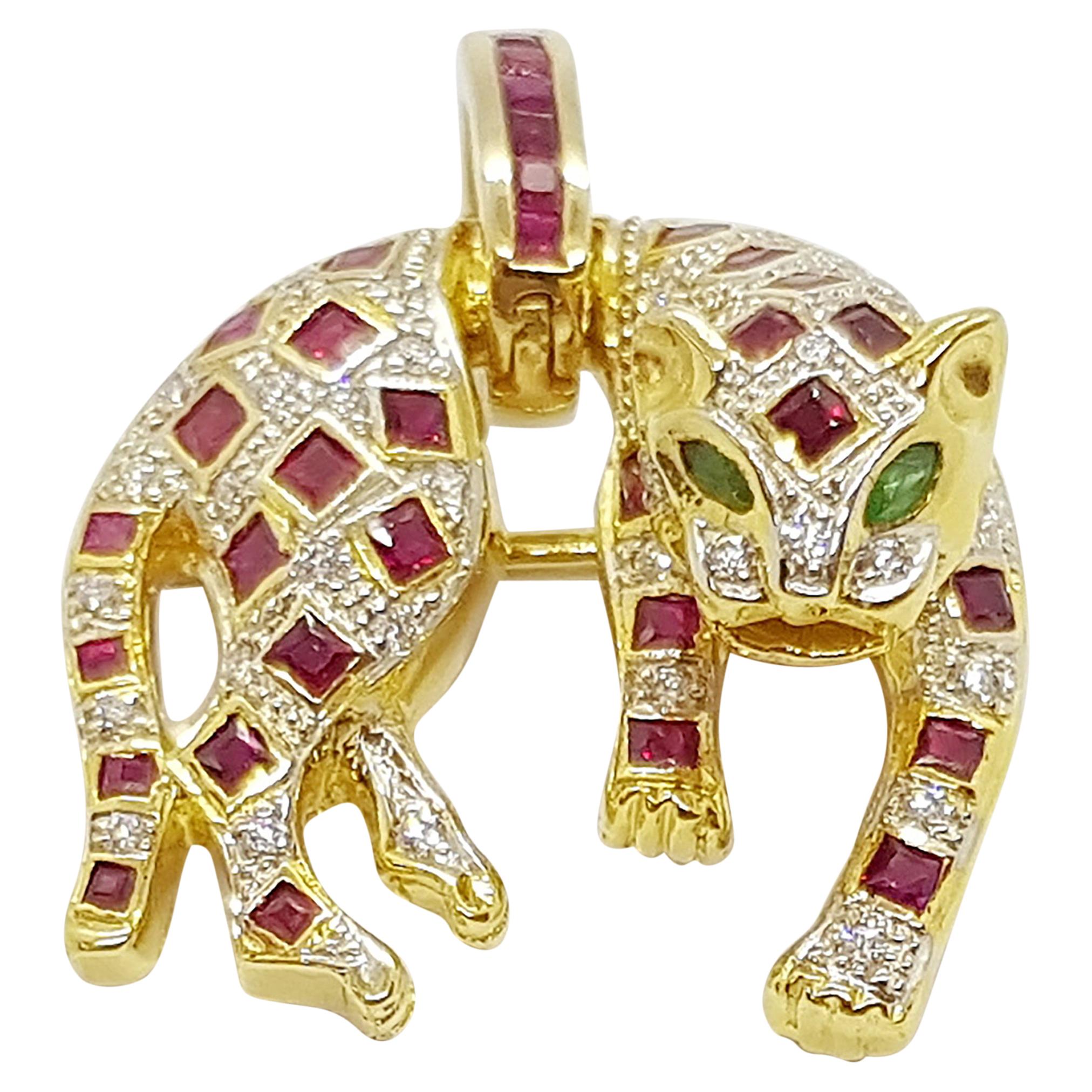 Ruby with Diamond and Emerald Panther Pendant/Brooch in 18 Karat Gold