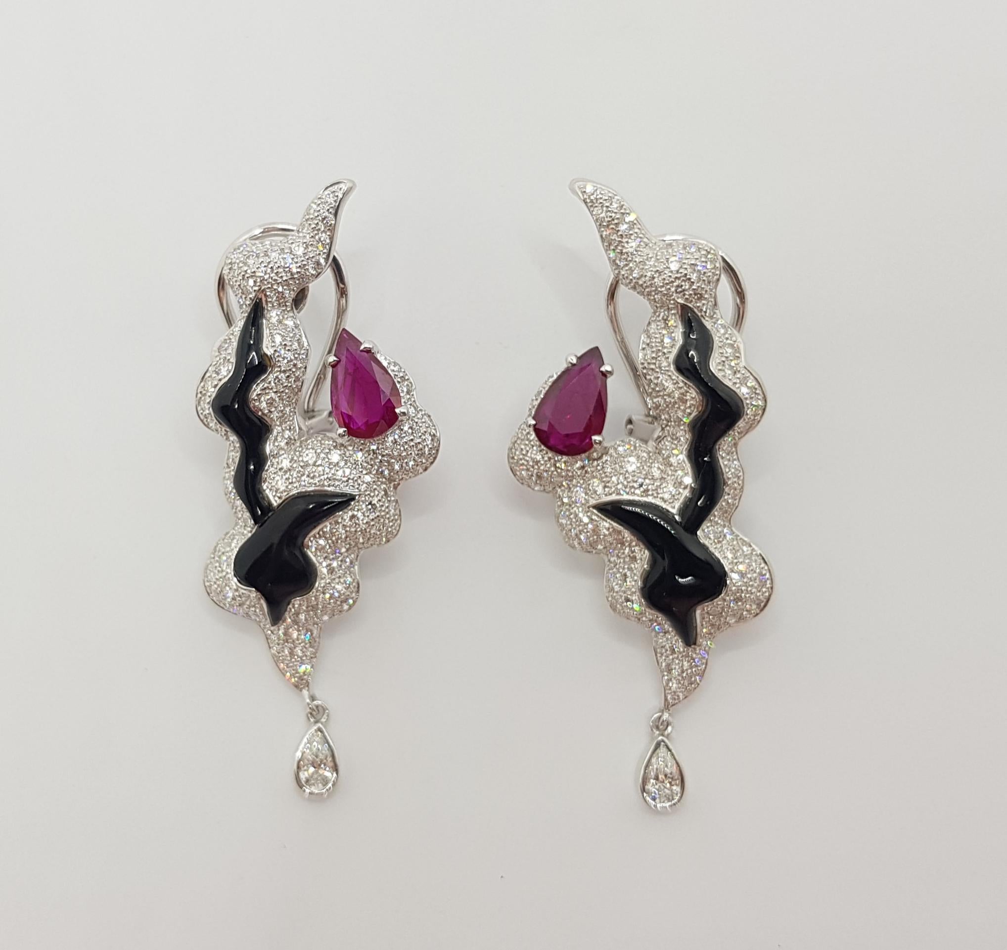 Contemporary Ruby with Diamond and Onyx Earrings Set in 18 Karat White Gold Settings For Sale