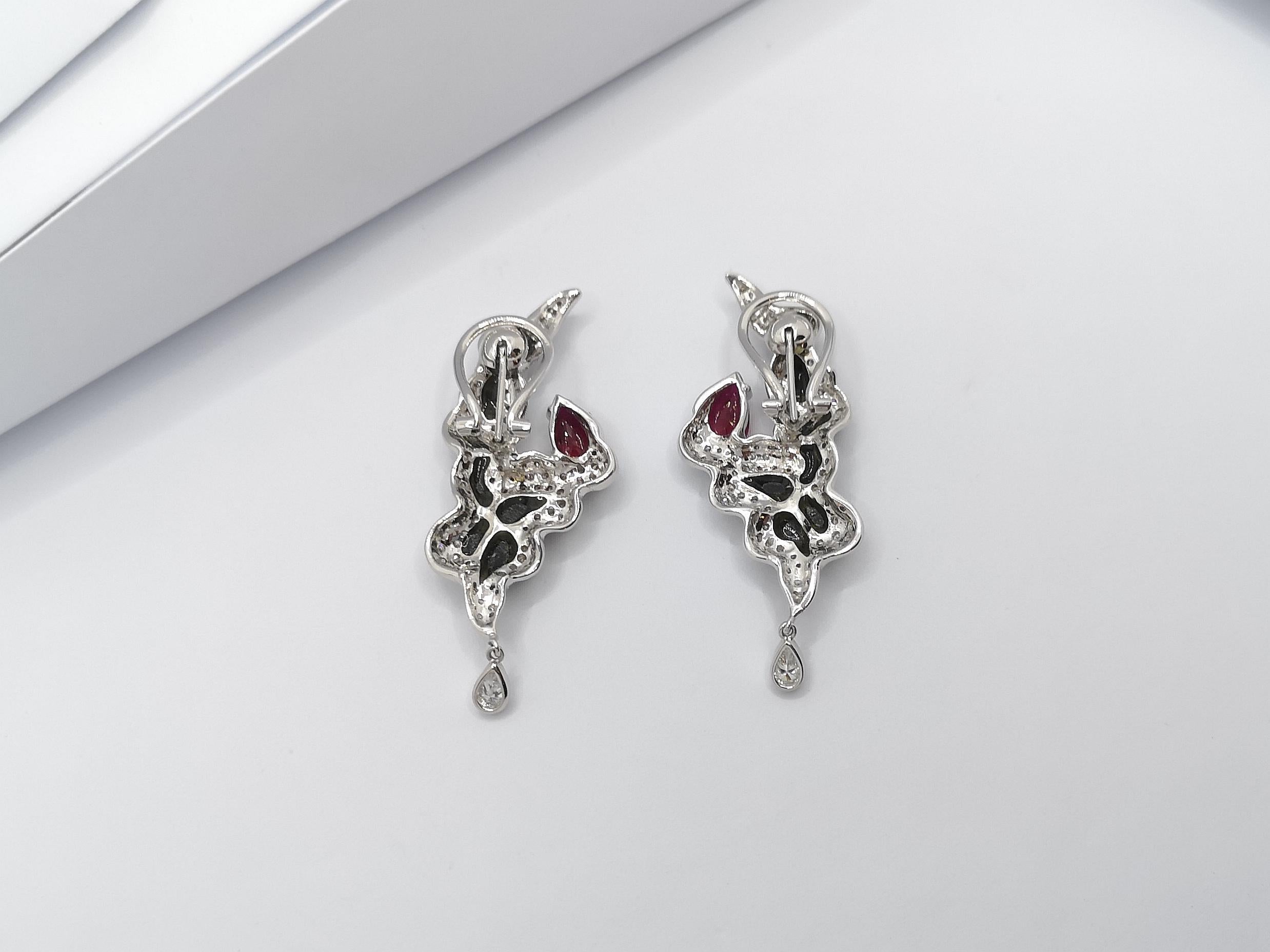 Ruby with Diamond and Onyx Earrings Set in 18 Karat White Gold Settings For Sale 1