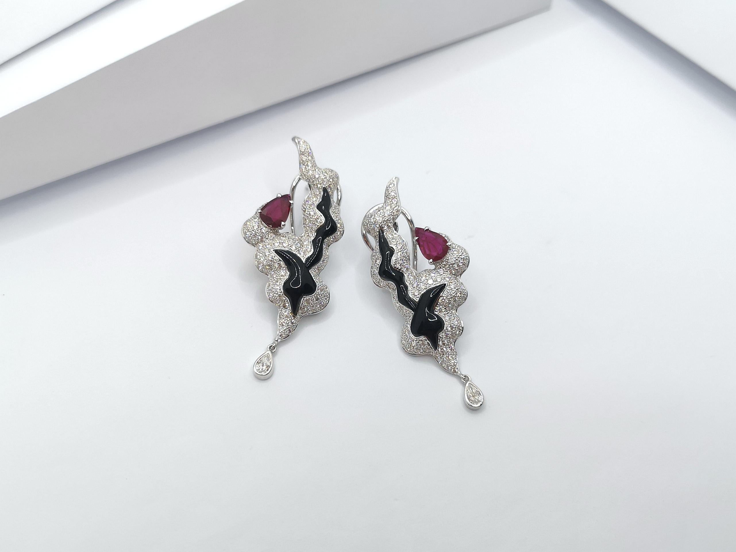 Ruby with Diamond and Onyx Earrings Set in 18 Karat White Gold Settings For Sale 3