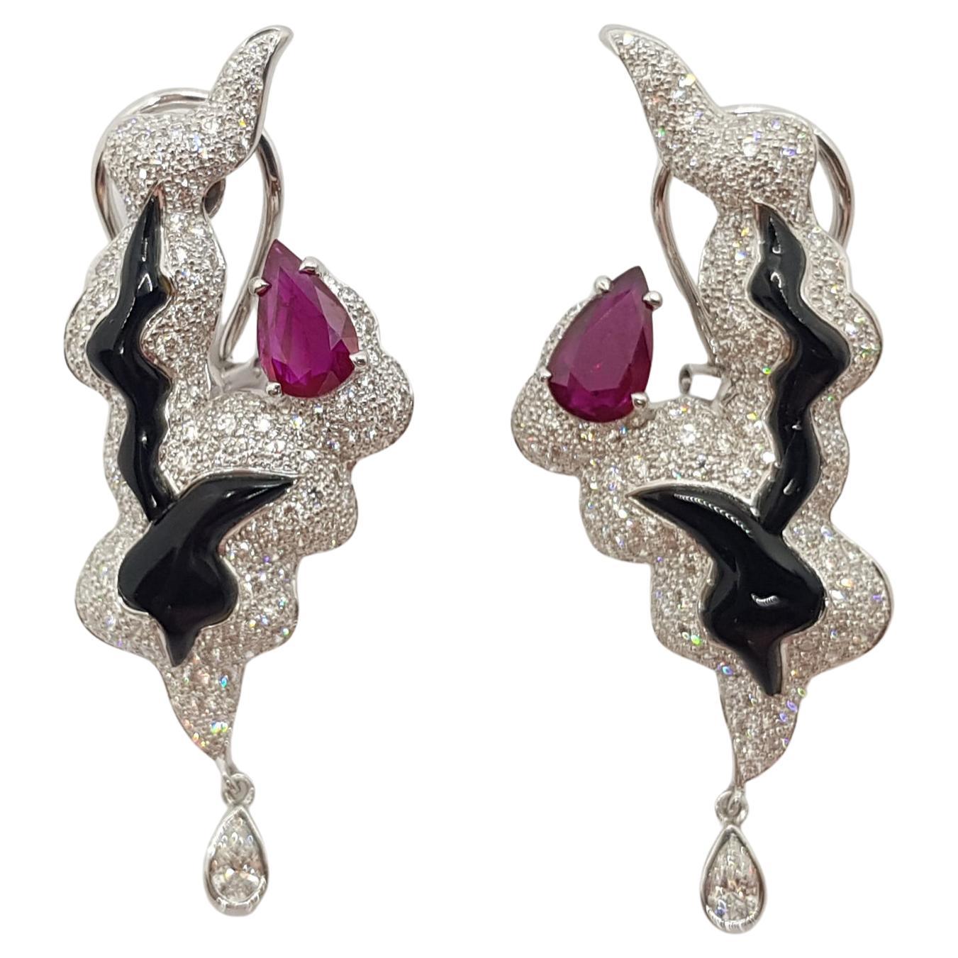 Ruby with Diamond and Onyx Earrings Set in 18 Karat White Gold Settings For Sale