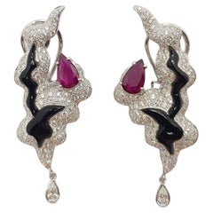 Ruby with Diamond and Onyx Earrings Set in 18 Karat White Gold Settings