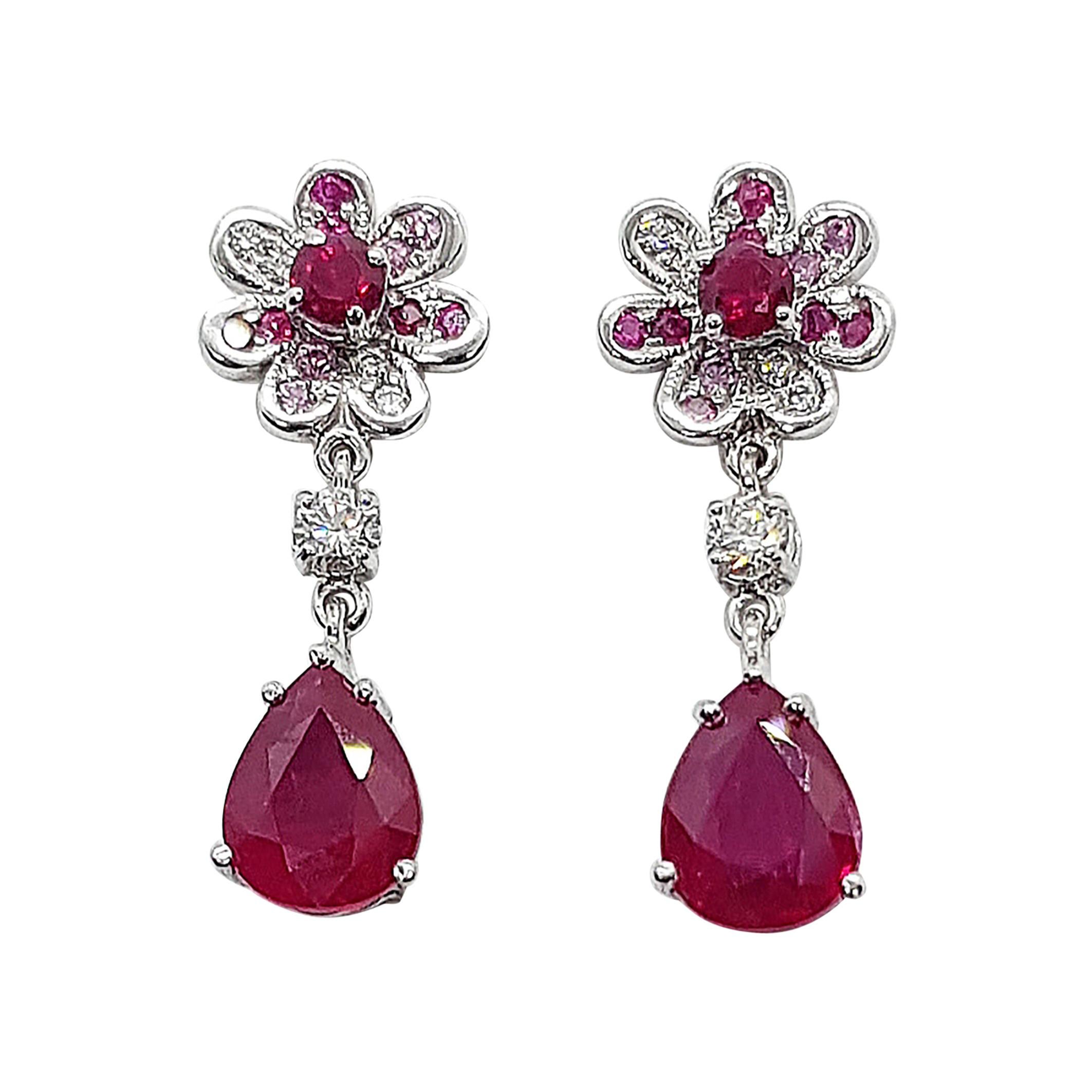 Ruby with Diamond and Pink Sapphire Flower Earrings Set in 18 Karat White Gold For Sale