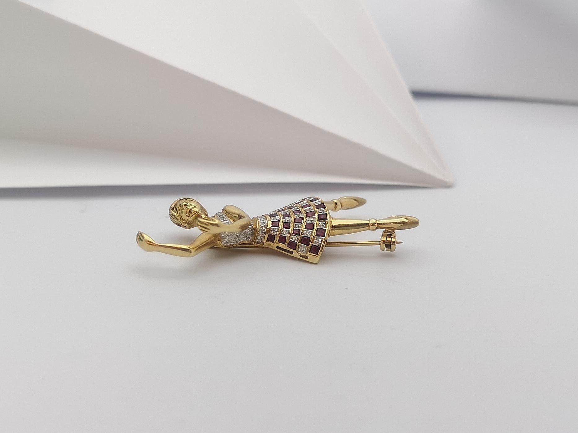 Spilla Ballerina in rubino e diamanti con montatura in oro 18 carati in vendita 1