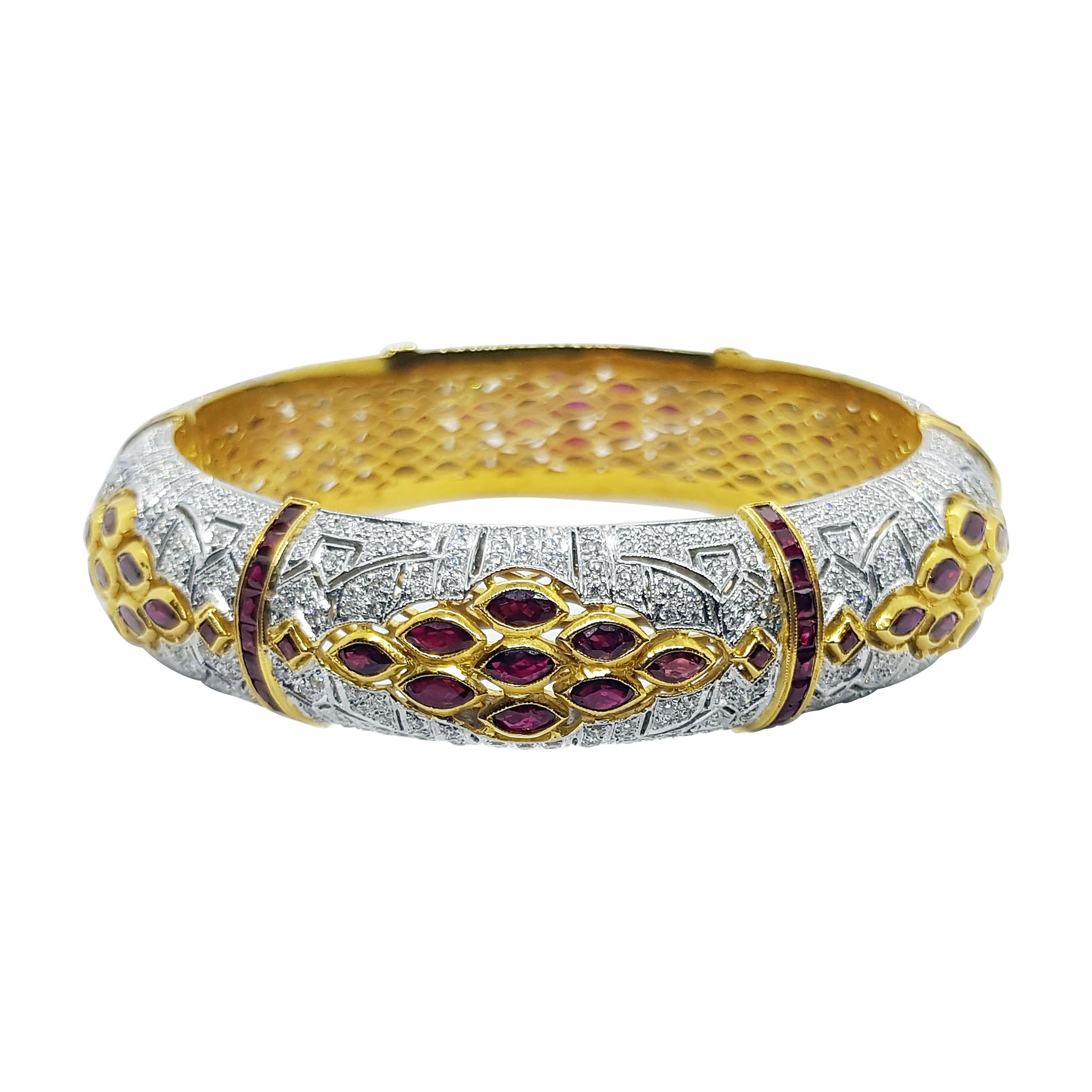 Ruby with Diamond Bangle Set in 18 Karat Gold Settings For Sale