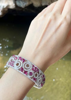 Unheated Ruby with Diamond Bangle set in 18K White Gold Settings