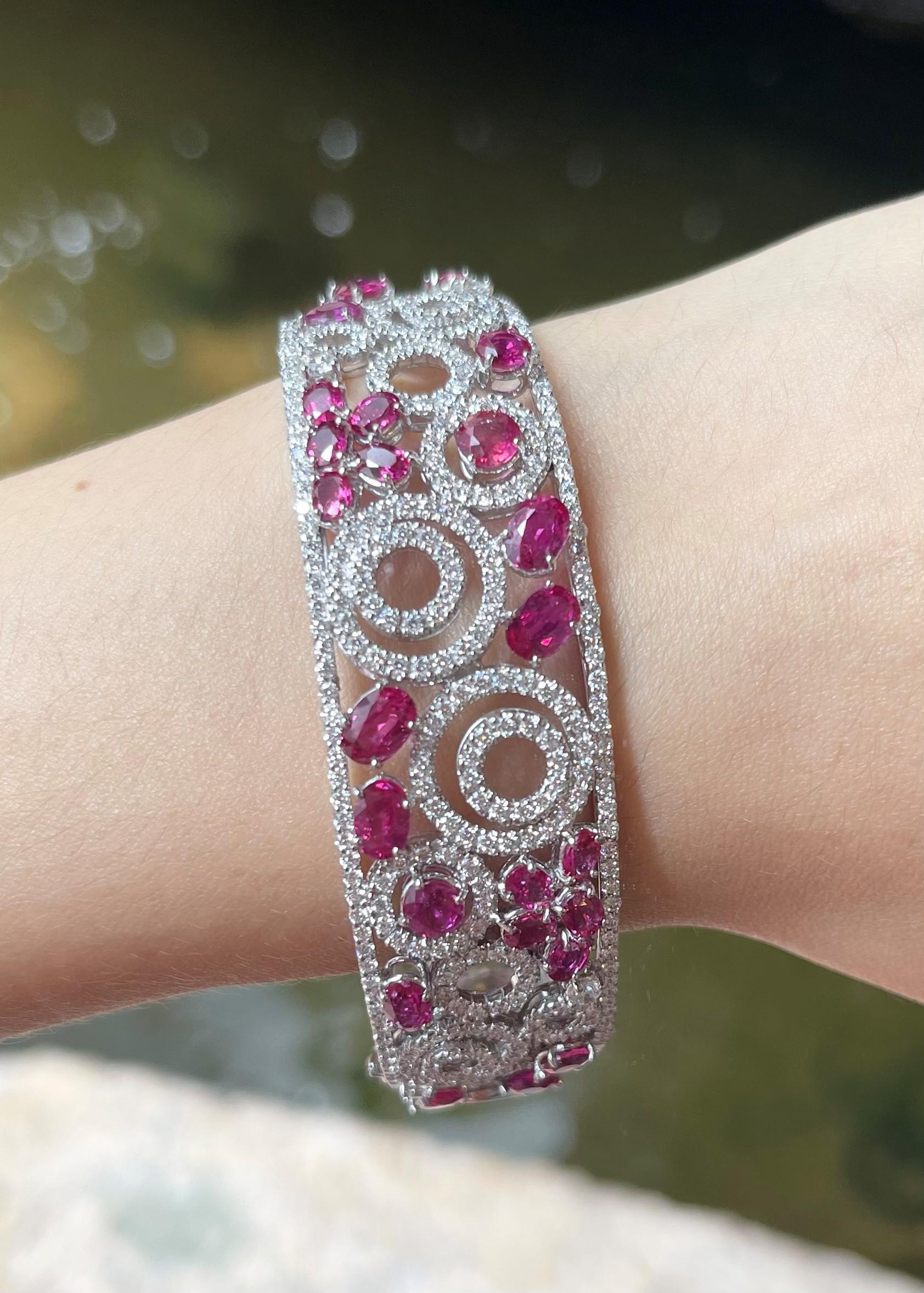 Contemporary Unheated Ruby with Diamond Bangle set in 18K White Gold Settings For Sale