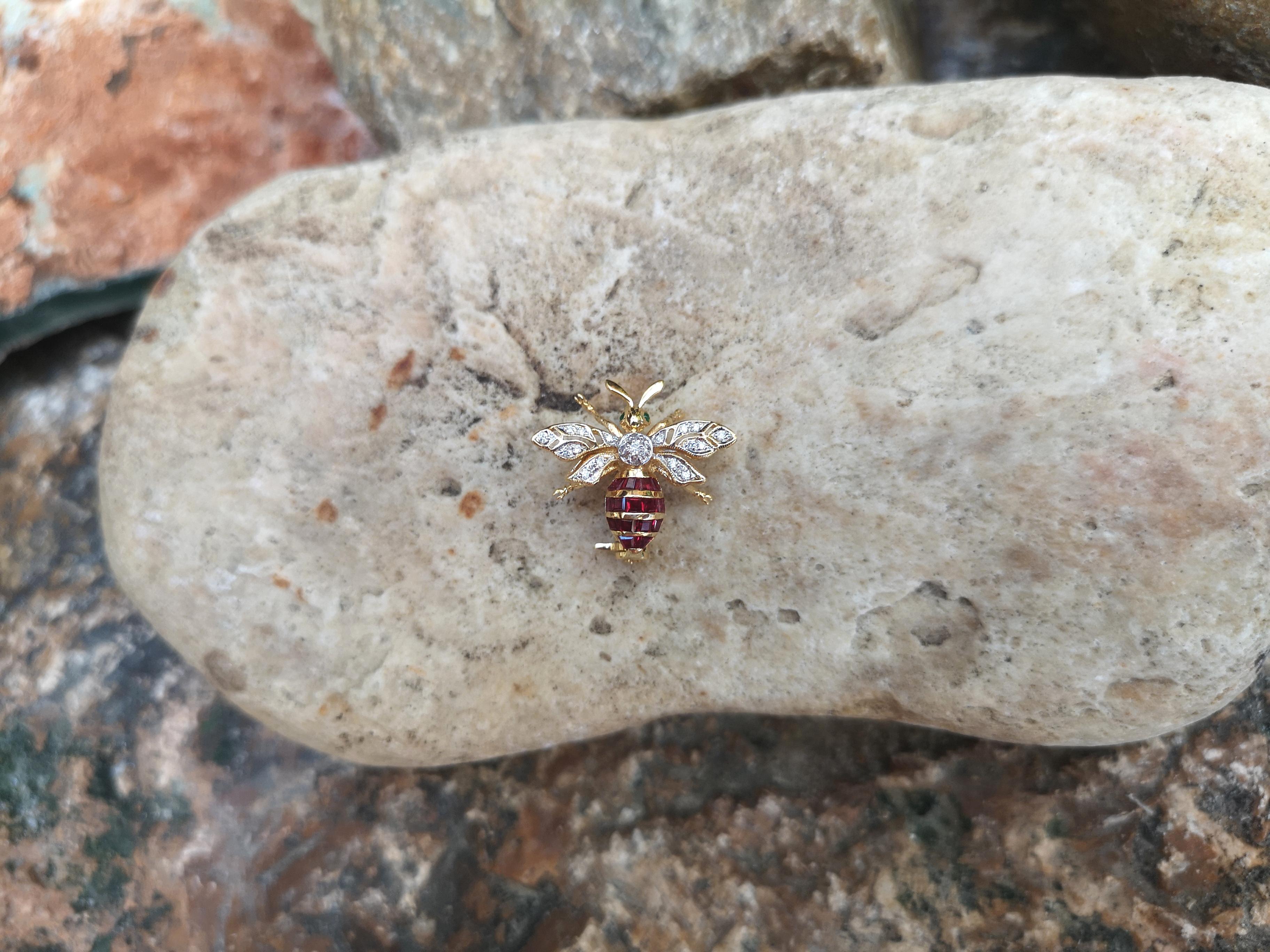 Mixed Cut Ruby with Diamond Bee Brooch Set in 18 Karat Gold Settings