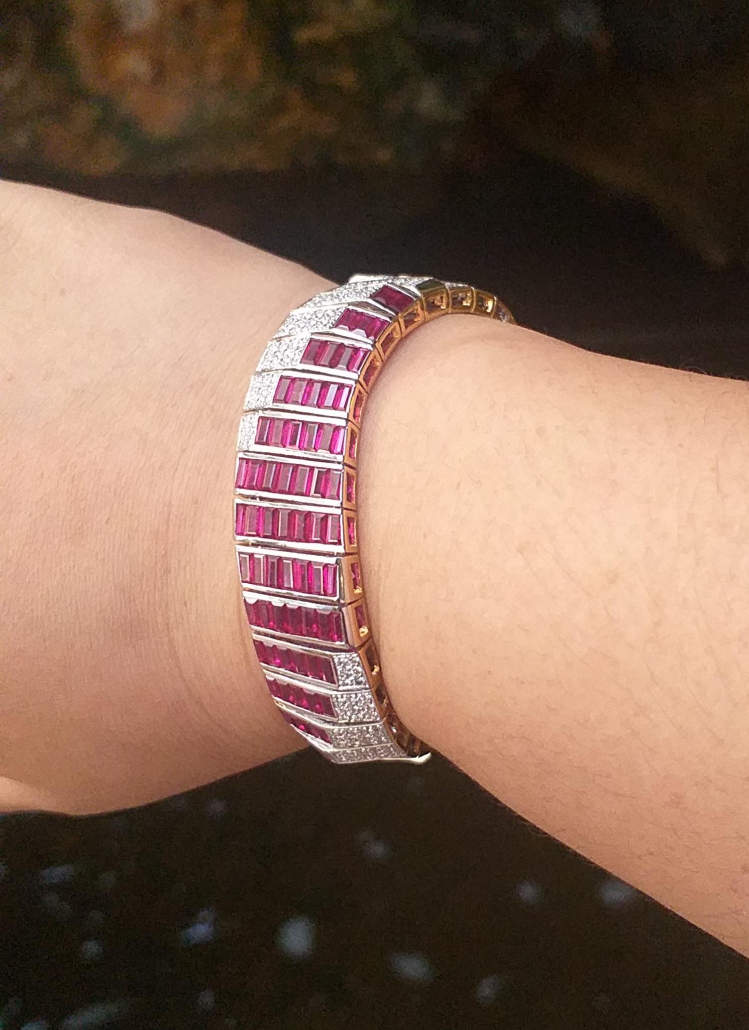 Square Cut Ruby with Diamond Bracelet Set in 18 Karat Gold Settings For Sale