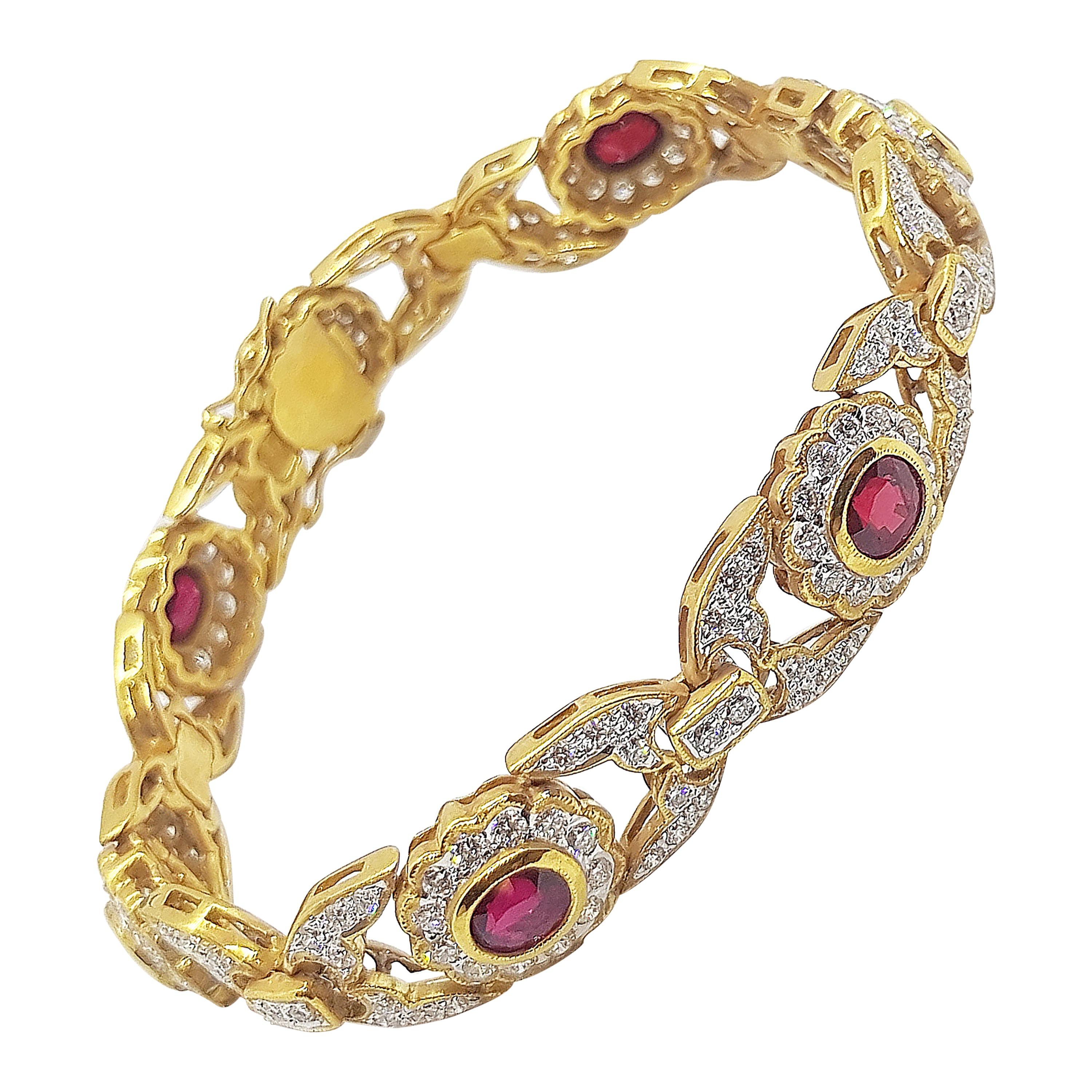 Ruby with Diamond Bracelet Set in 18 Karat Gold Settings For Sale