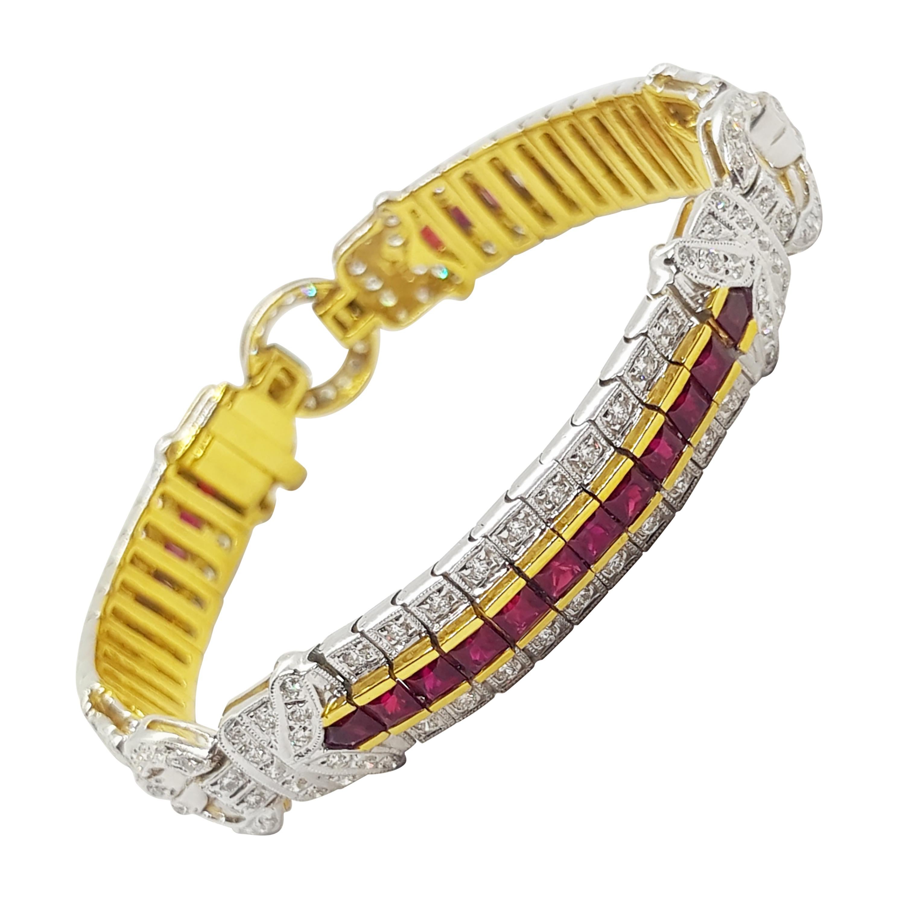Ruby with Diamond Bracelet Set in 18 Karat Gold Settings For Sale