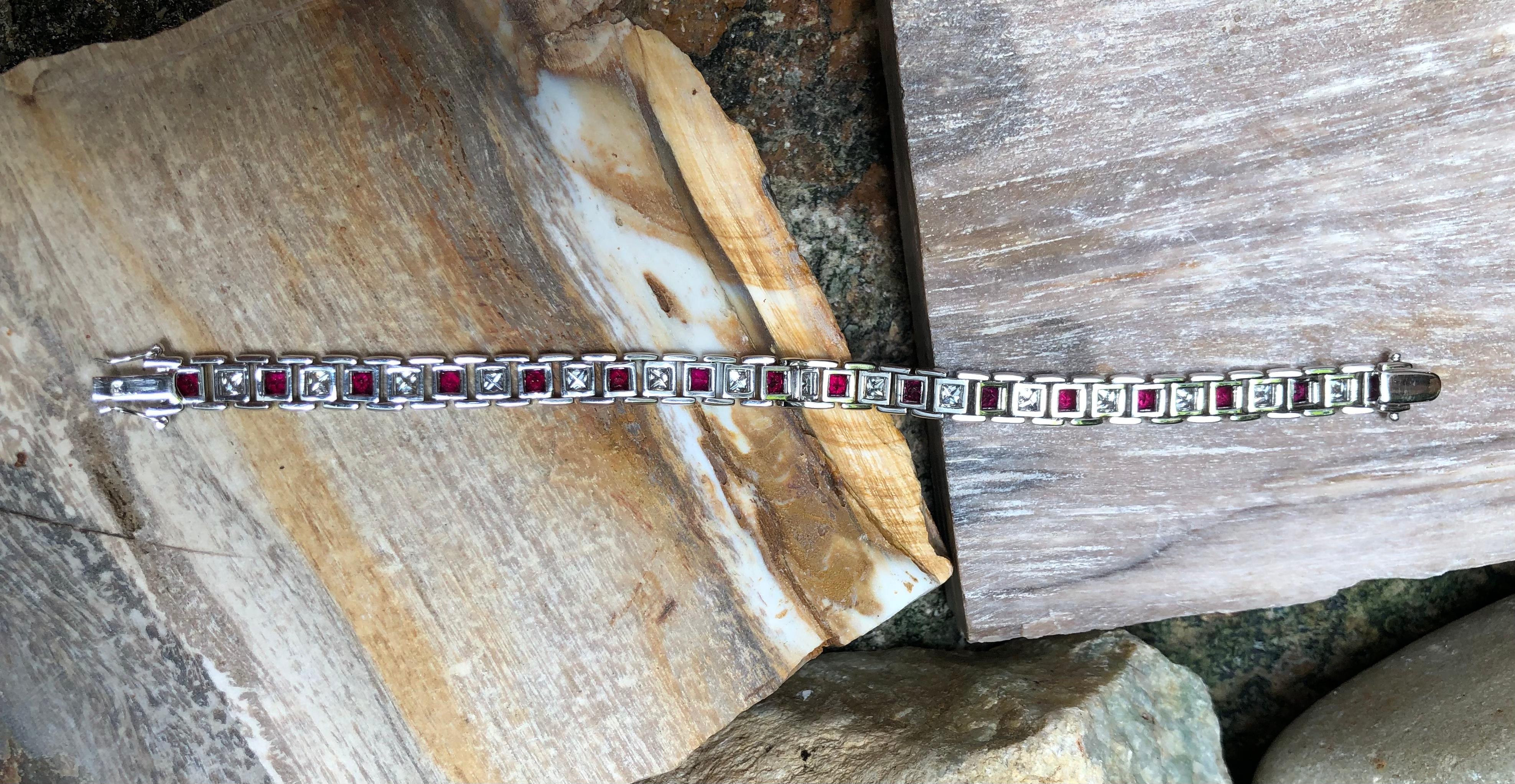 Contemporary Ruby with Diamond Bracelet Set in 18 Karat White Gold Settings For Sale