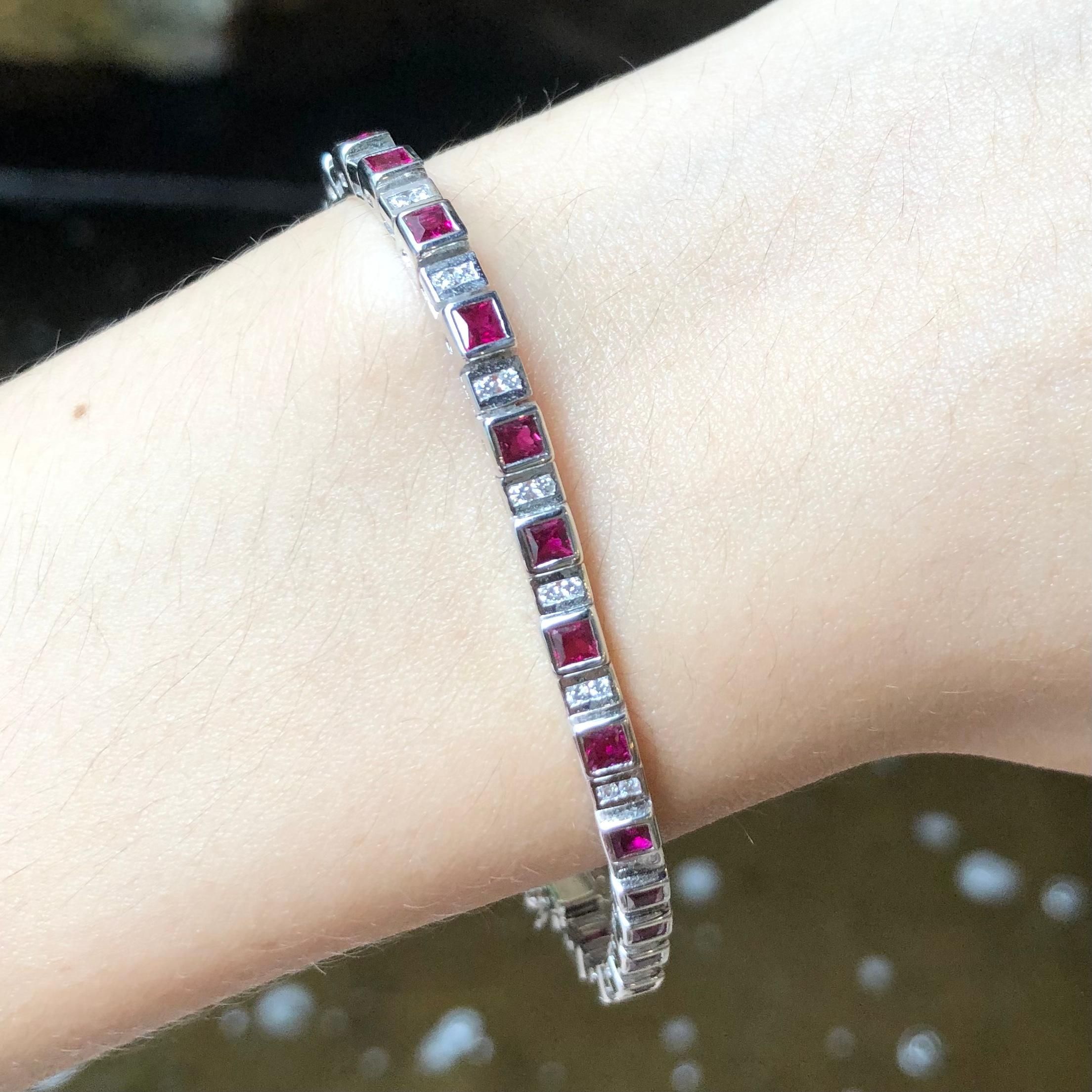 Contemporary Ruby with Diamond Bracelet Set in 18 Karat White Gold Settings For Sale
