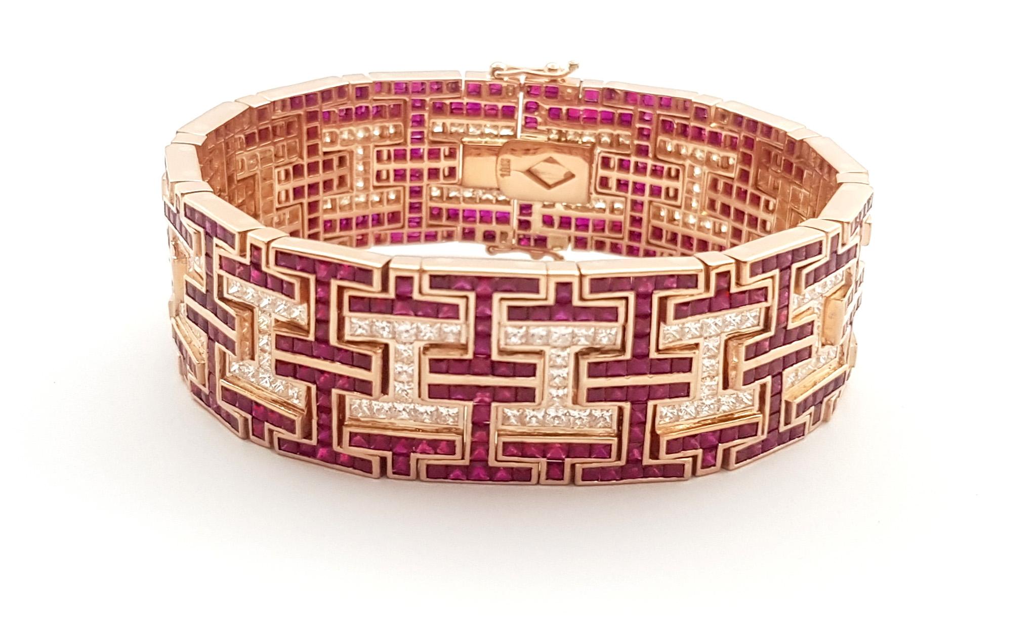 Femenino o masculino Pulsera de rubíes con diamantes engastada en oro rosa de 18 quilates en venta